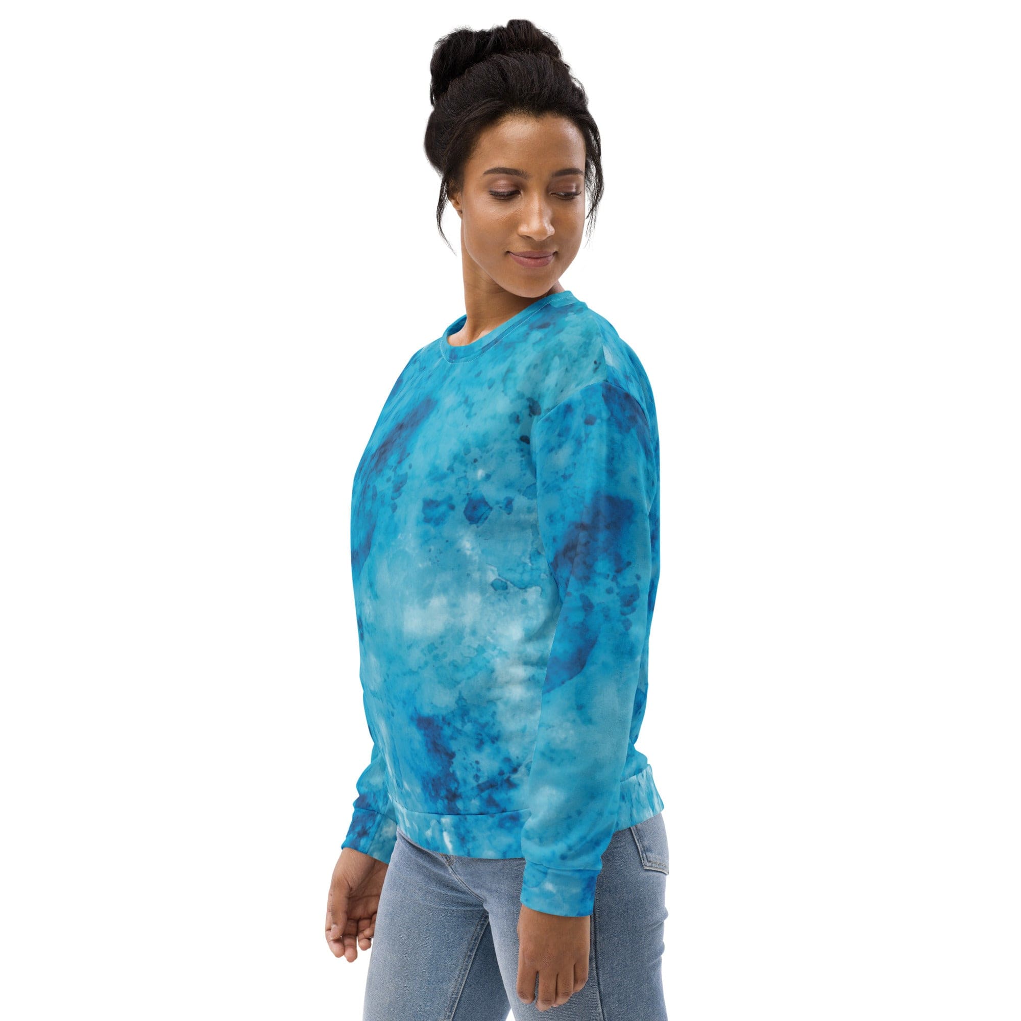 A stylish blue marble print graphic sweatshirt for women, featuring a crew neck, ribbed cuffs, and a front pouch pocket.