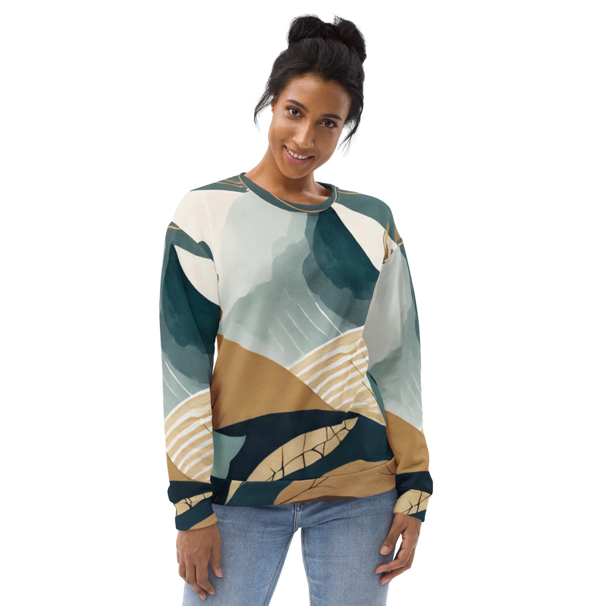 A stylish women's graphic sweatshirt featuring a vibrant Boho style print, designed for comfort and fashion with a crew neck and front pouch pocket.