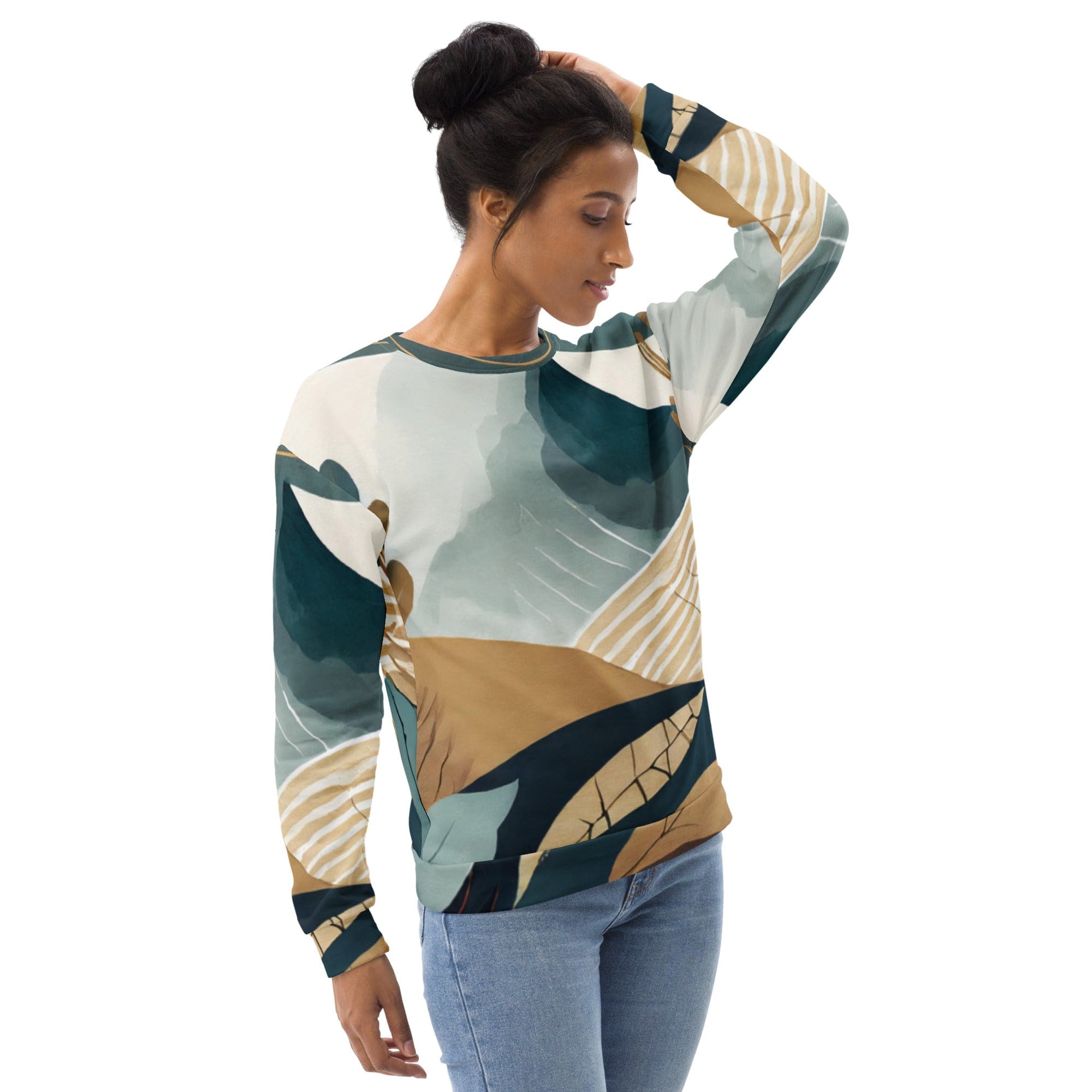 A stylish women's graphic sweatshirt featuring a vibrant Boho style print, designed for comfort and fashion with a crew neck and front pouch pocket.