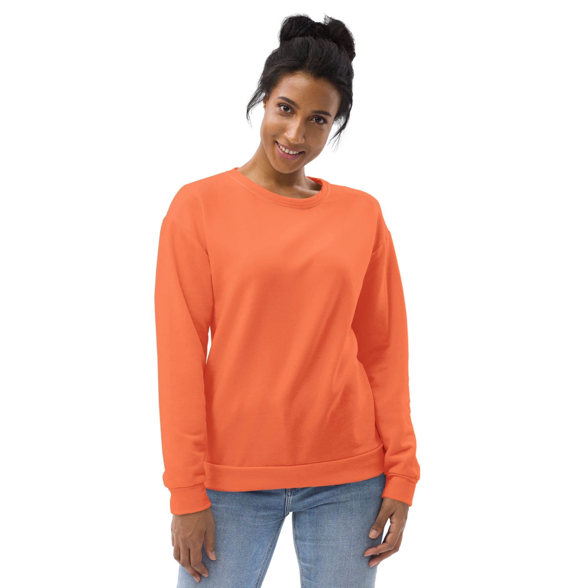 A vibrant coral orange red graphic sweatshirt for women featuring a crew neck, long sleeves, and a front pouch pocket, showcasing a dynamic all-over print.