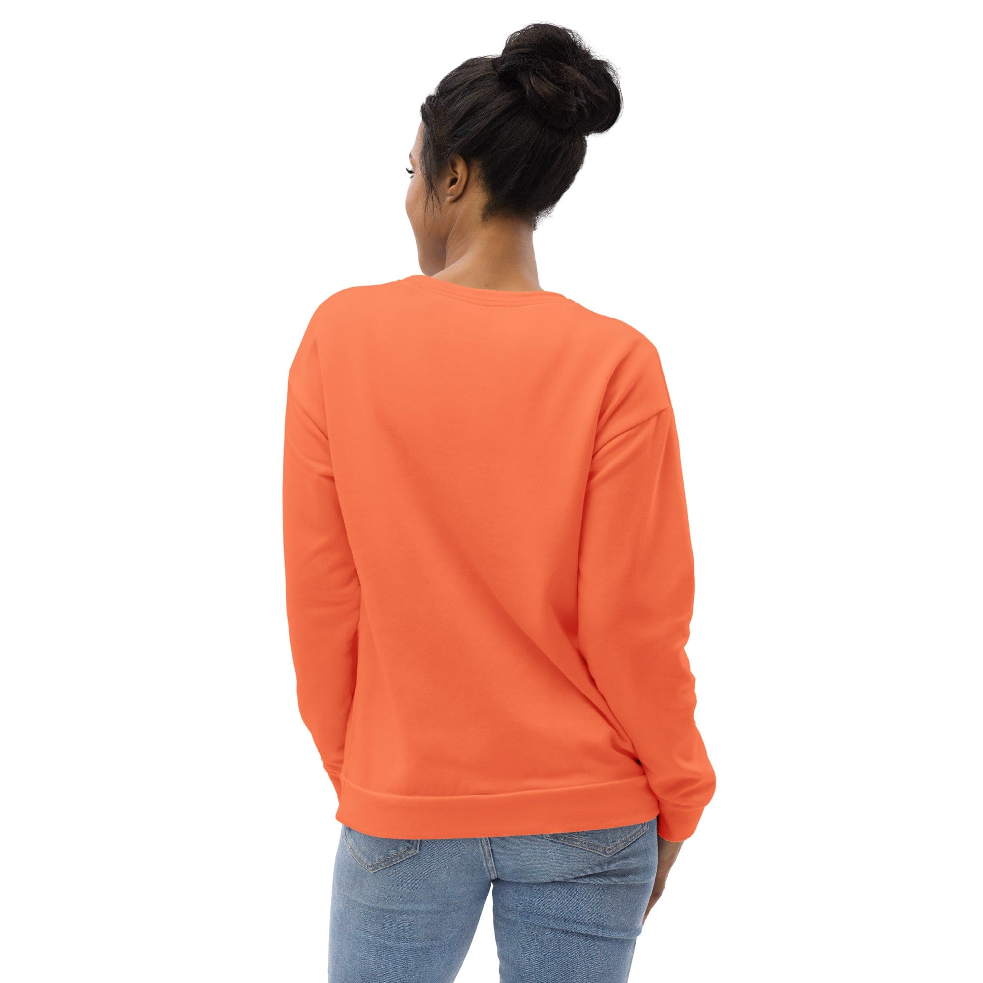 A vibrant coral orange red graphic sweatshirt for women featuring a crew neck, long sleeves, and a front pouch pocket, showcasing a dynamic all-over print.