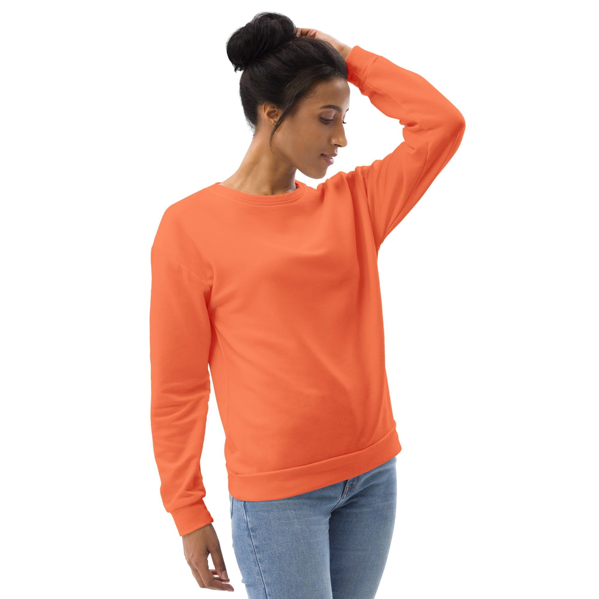 A vibrant coral orange red graphic sweatshirt for women featuring a crew neck, long sleeves, and a front pouch pocket, showcasing a dynamic all-over print.