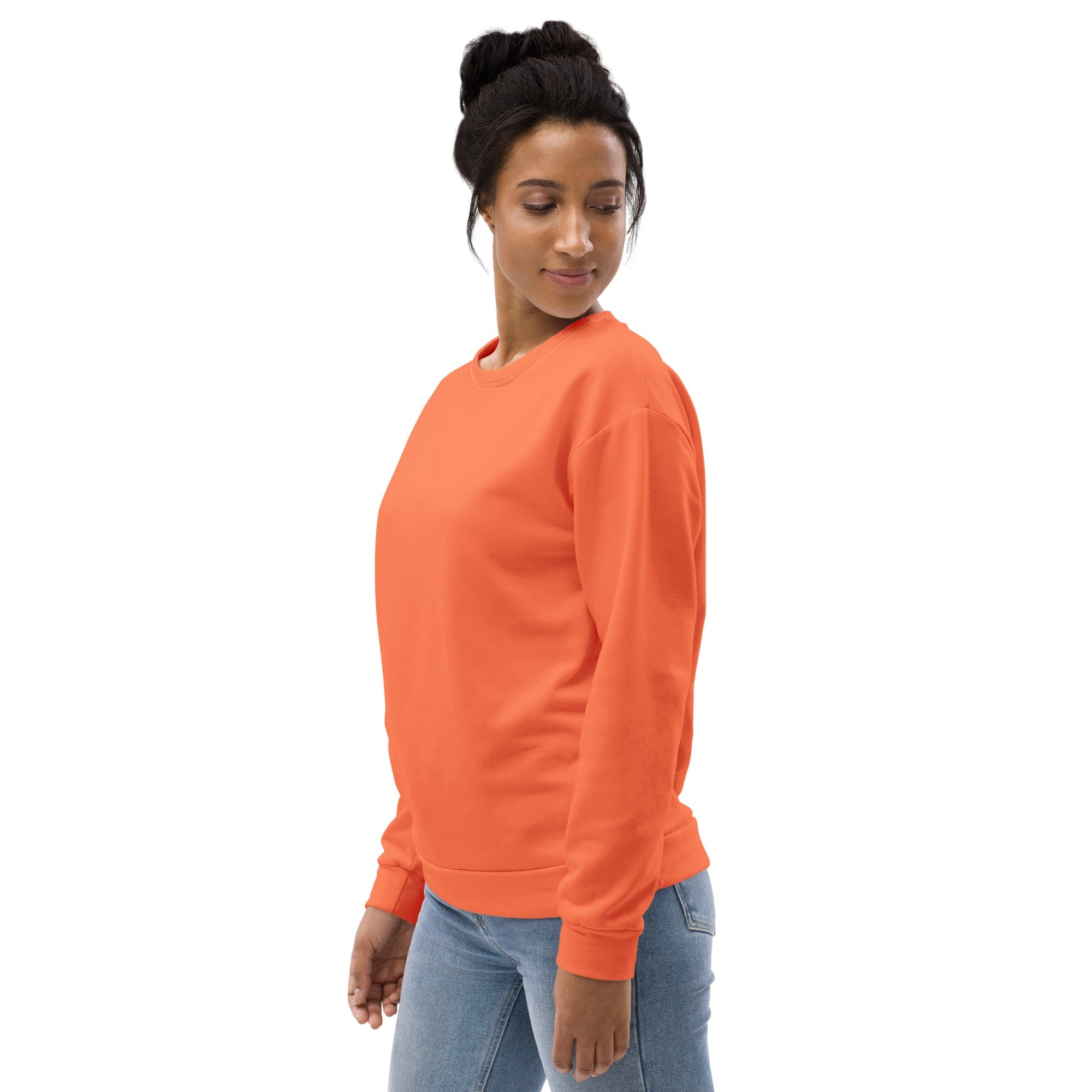 A vibrant coral orange red graphic sweatshirt for women featuring a crew neck, long sleeves, and a front pouch pocket, showcasing a dynamic all-over print.