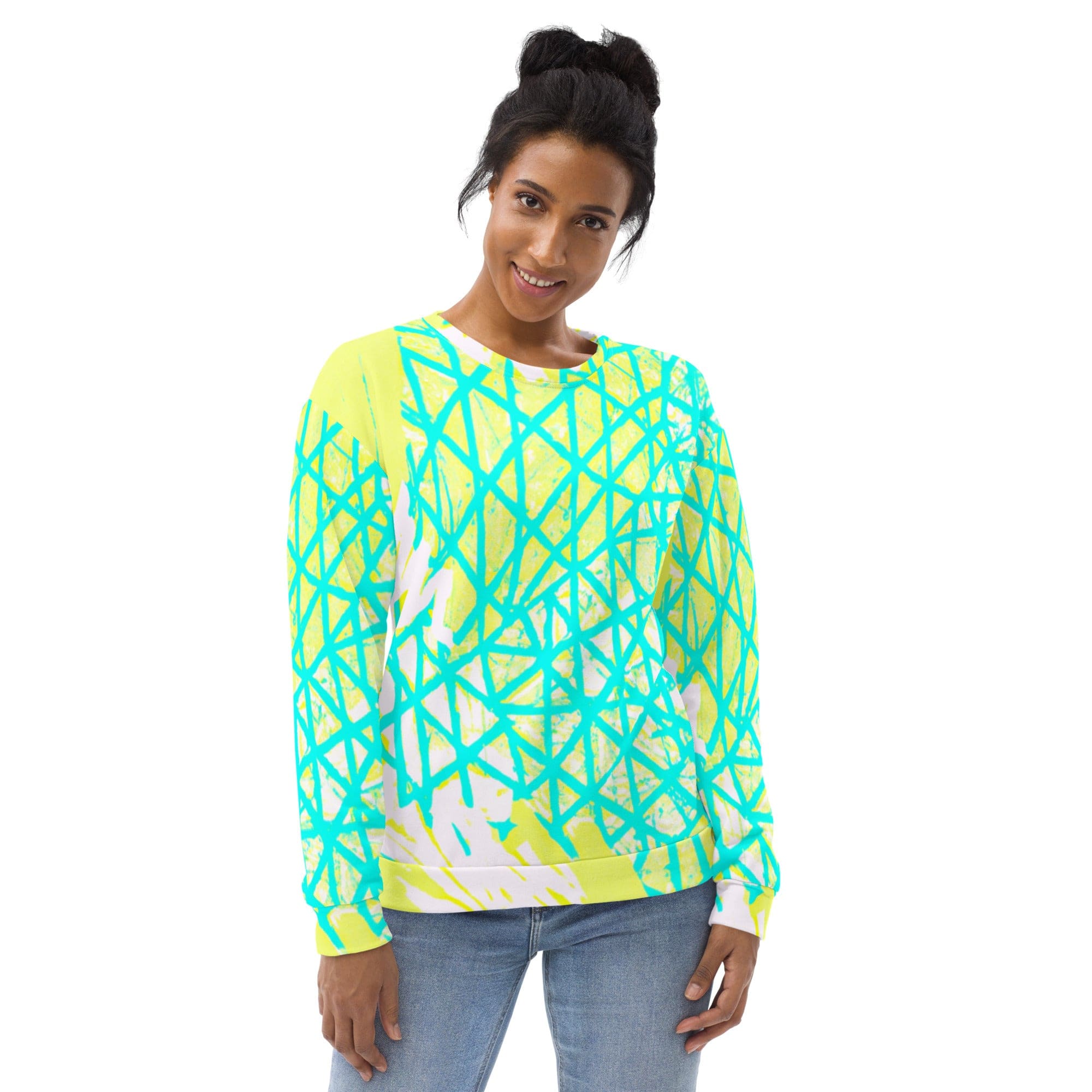 Cyan Blue, Lime Green, and White patterned graphic sweatshirt for women, featuring a crew neck and front pouch pocket.