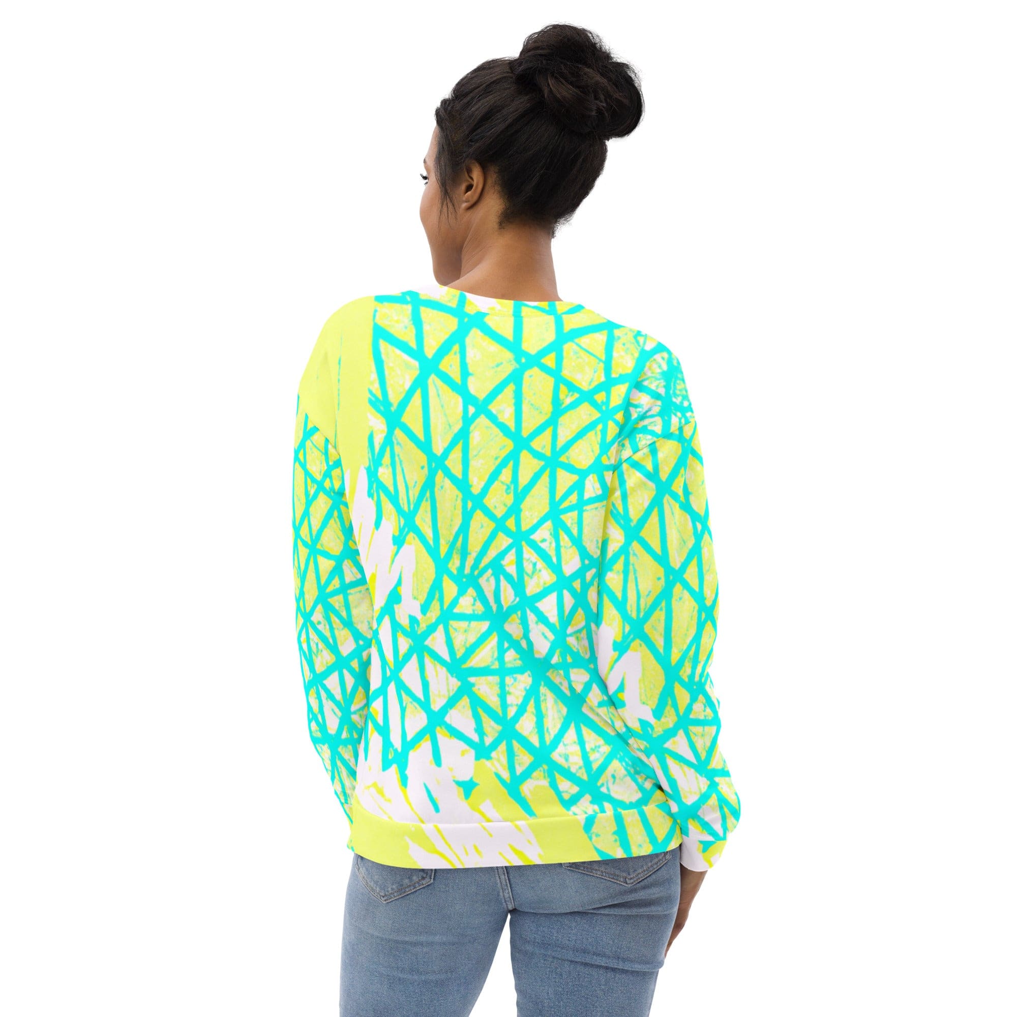 Cyan Blue, Lime Green, and White patterned graphic sweatshirt for women, featuring a crew neck and front pouch pocket.