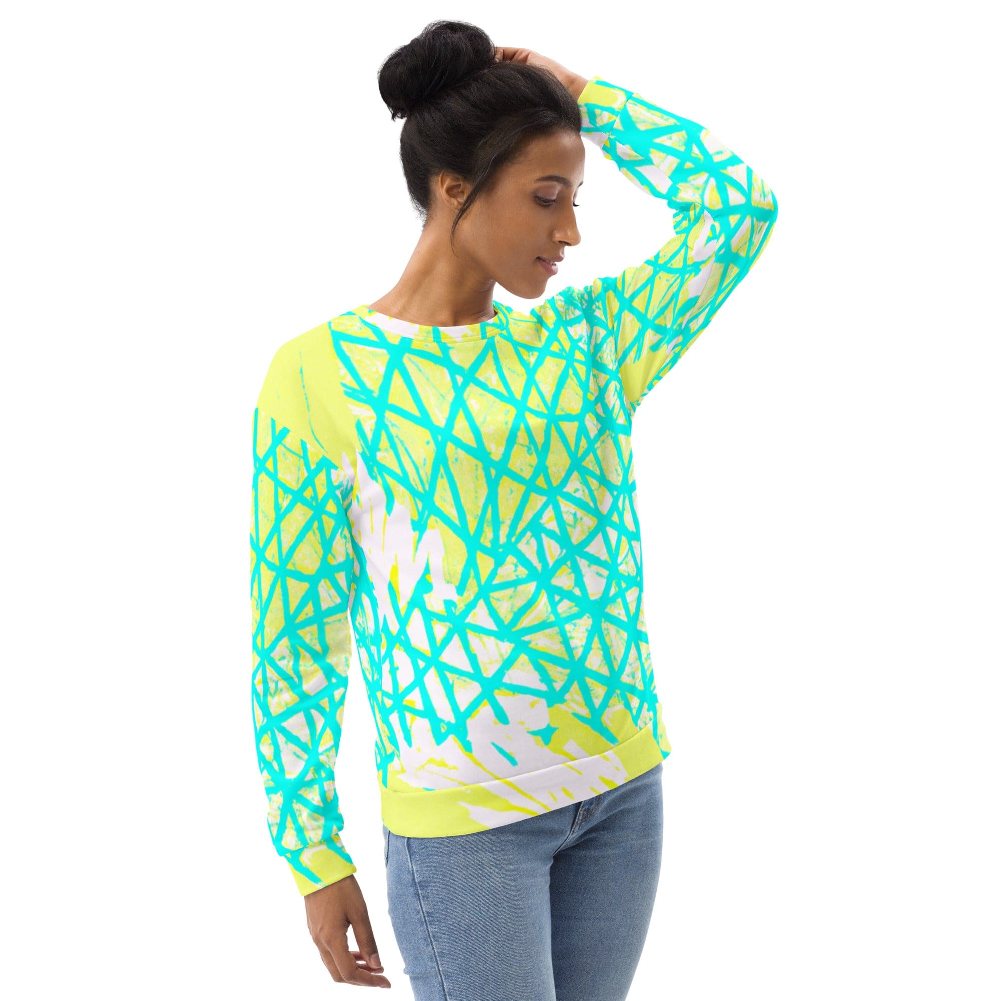 Cyan Blue, Lime Green, and White patterned graphic sweatshirt for women, featuring a crew neck and front pouch pocket.