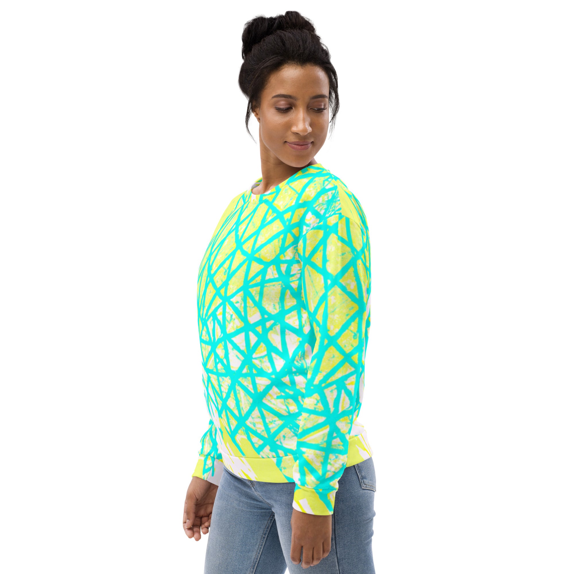 Cyan Blue, Lime Green, and White patterned graphic sweatshirt for women, featuring a crew neck and front pouch pocket.