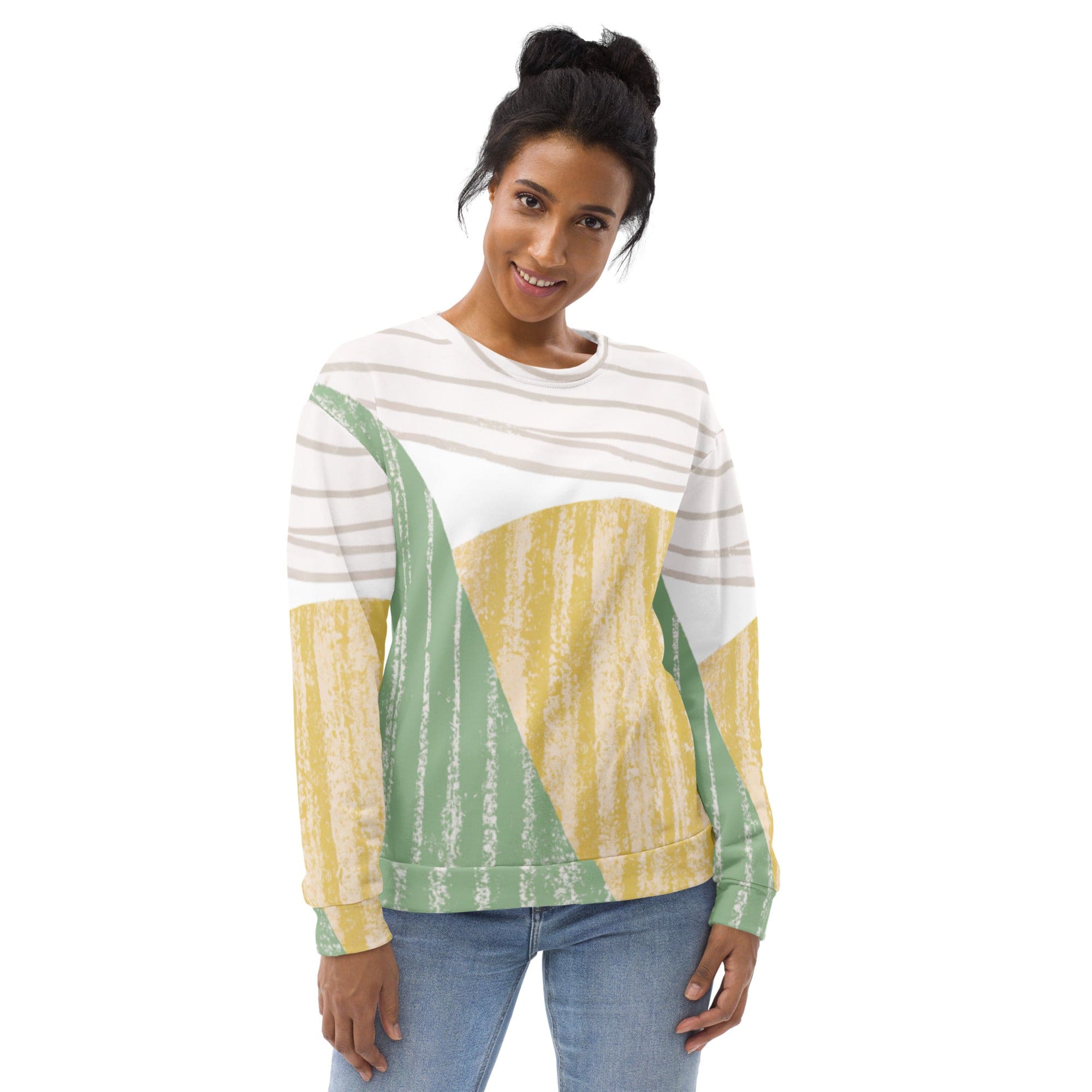 A stylish green textured boho pattern sweatshirt for women, featuring a crew neck, ribbed cuffs, and a front pouch pocket.