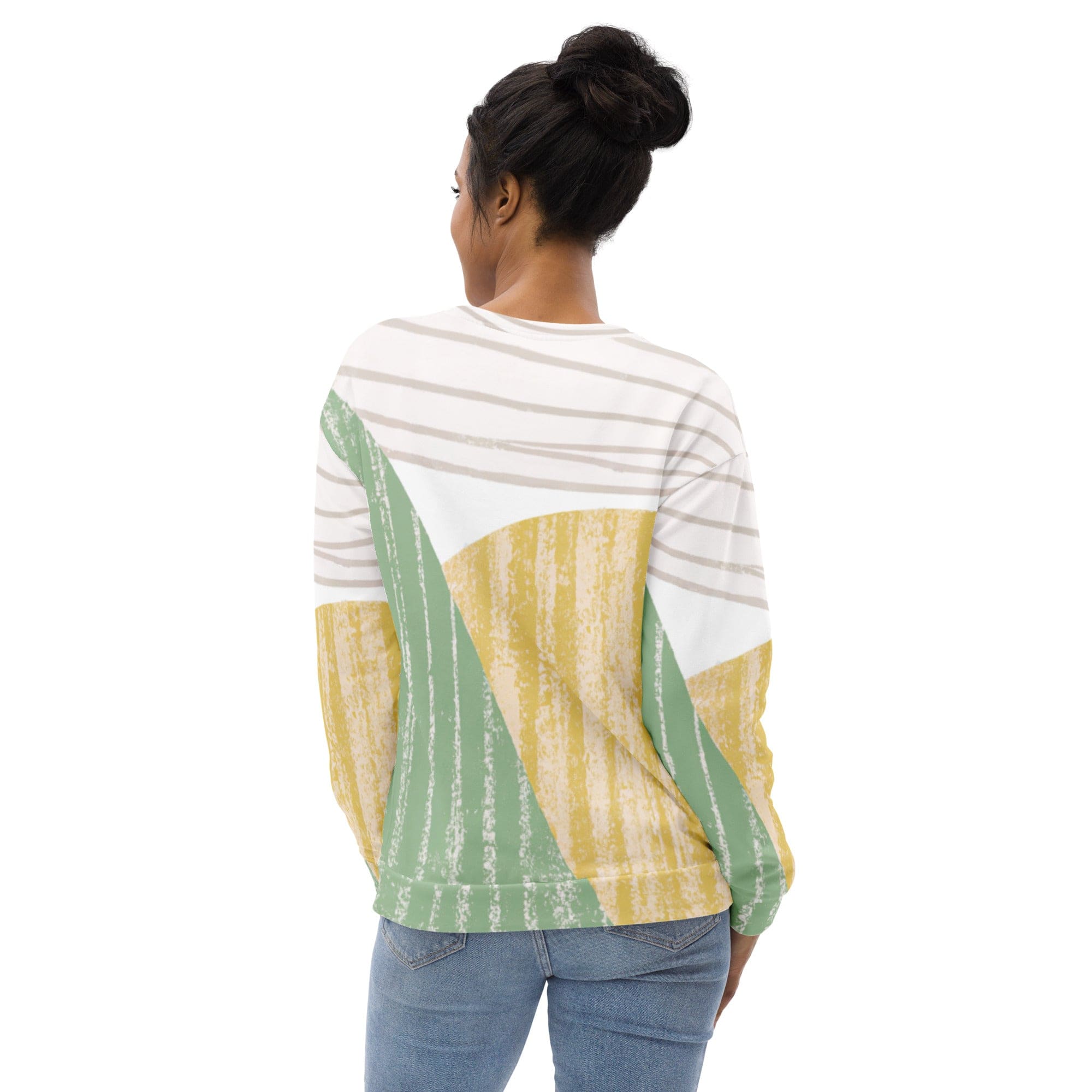 A stylish green textured boho pattern sweatshirt for women, featuring a crew neck, ribbed cuffs, and a front pouch pocket.