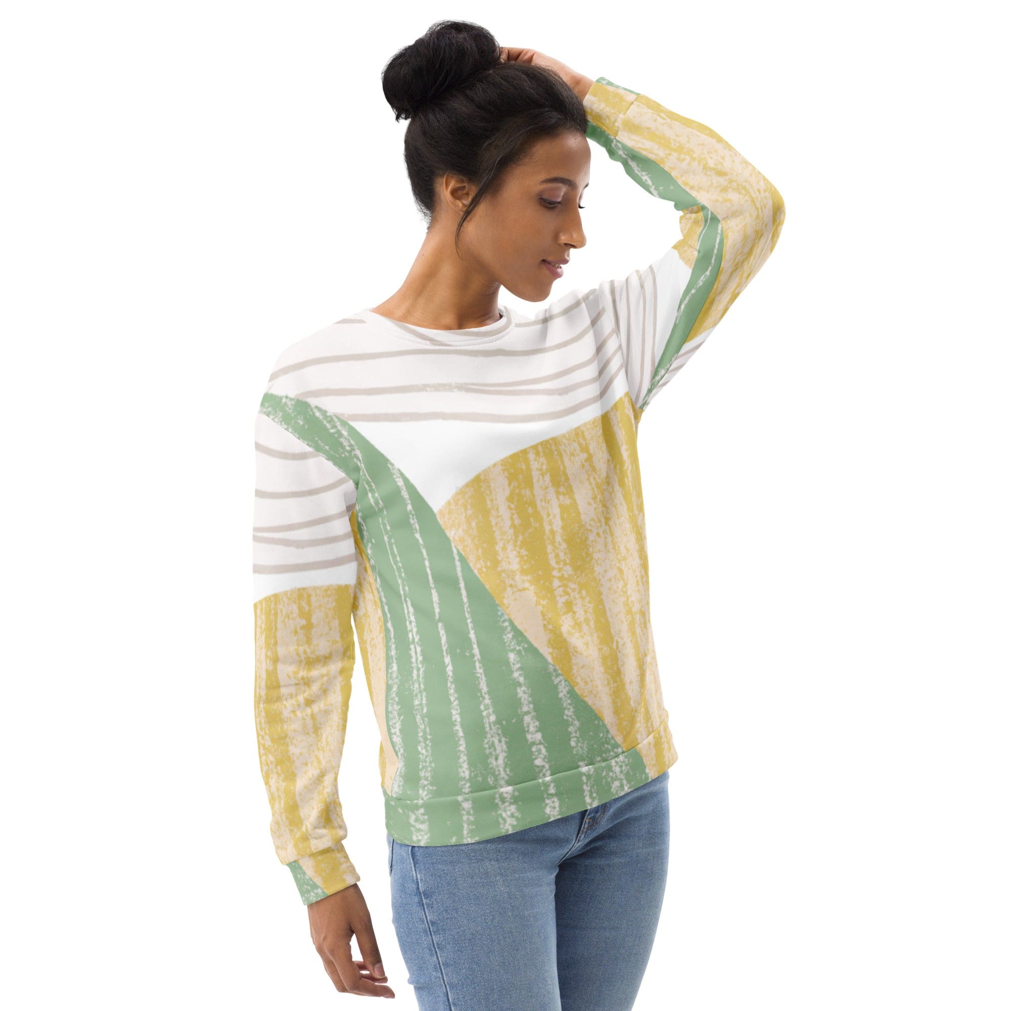 A stylish green textured boho pattern sweatshirt for women, featuring a crew neck, ribbed cuffs, and a front pouch pocket.