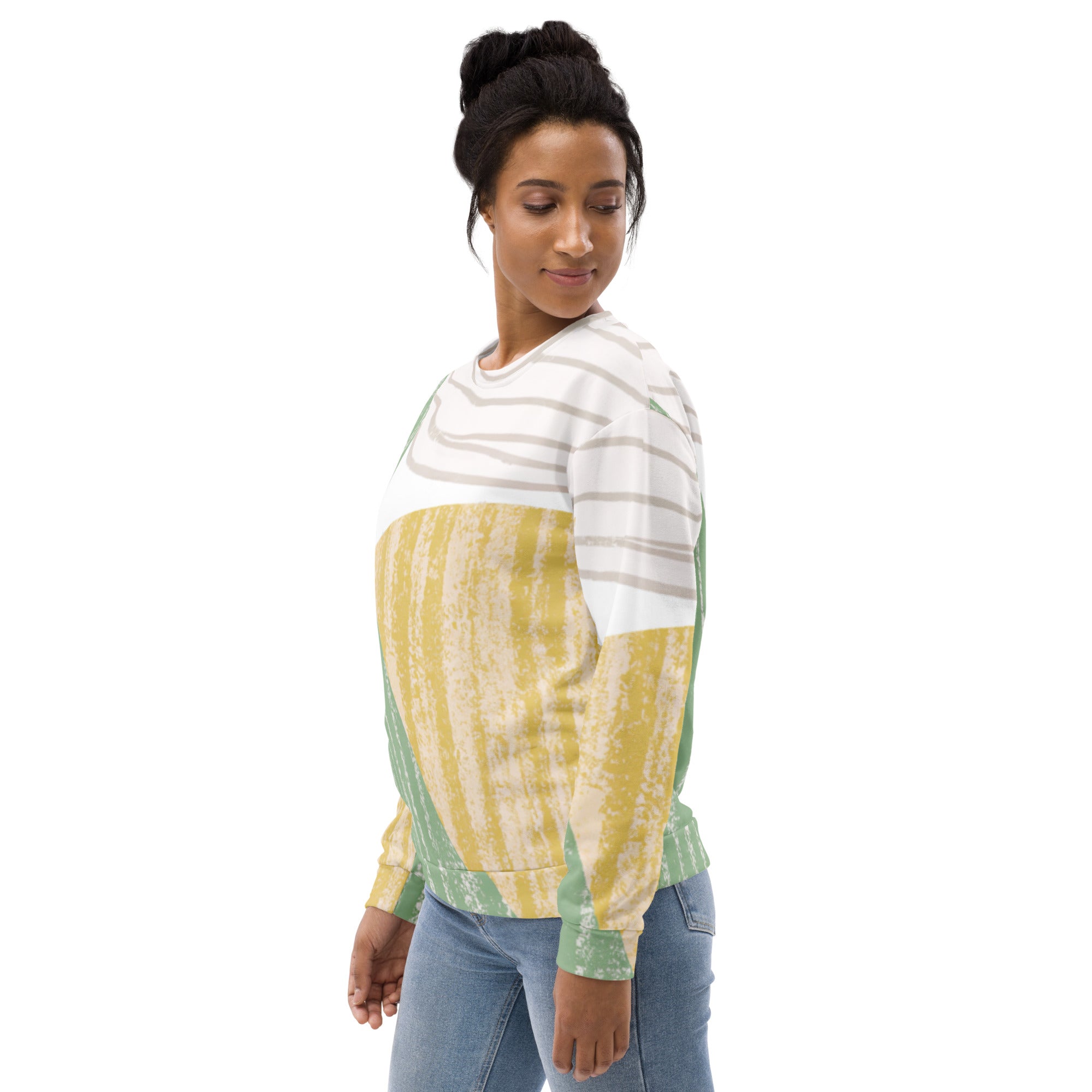 A stylish green textured boho pattern sweatshirt for women, featuring a crew neck, ribbed cuffs, and a front pouch pocket.