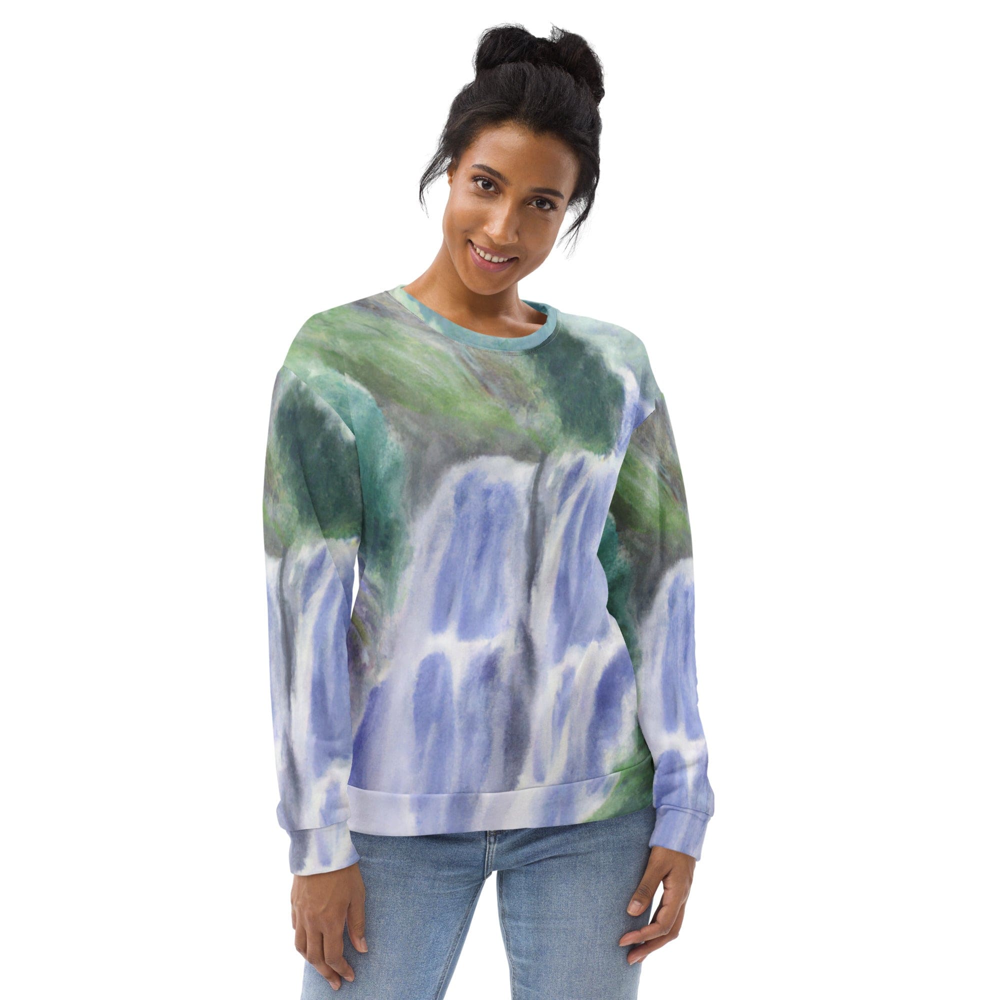 Graphic sweatshirt for women featuring a purple watercolor waterfall design, showcasing vibrant colors and a comfortable fit.