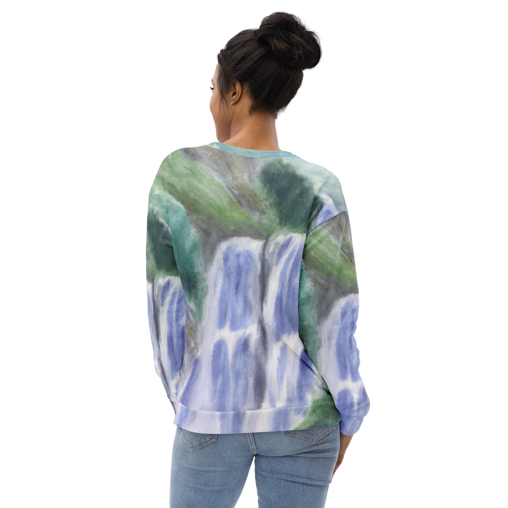 Graphic sweatshirt for women featuring a purple watercolor waterfall design, showcasing vibrant colors and a comfortable fit.