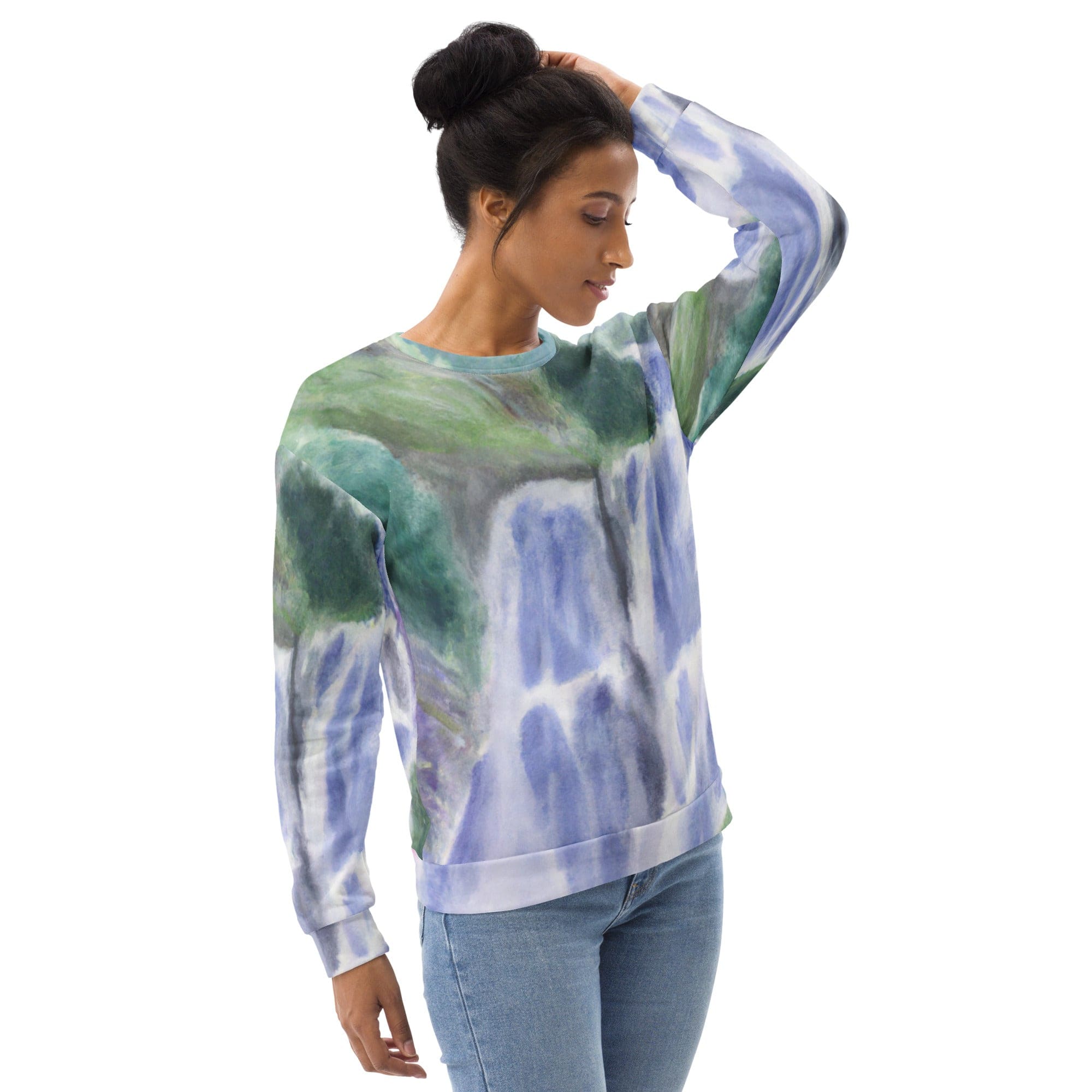 Graphic sweatshirt for women featuring a purple watercolor waterfall design, showcasing vibrant colors and a comfortable fit.