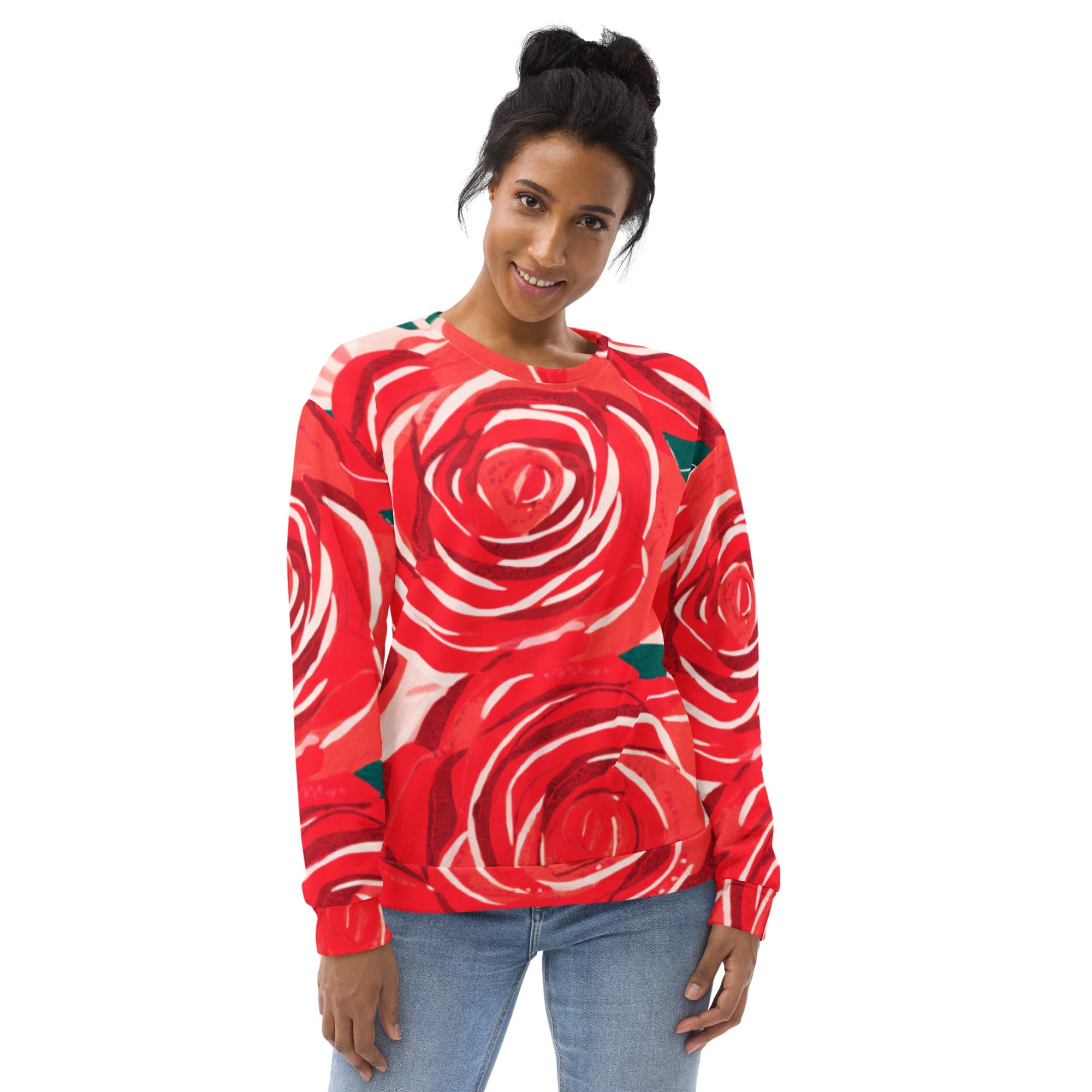 A stylish women's graphic sweatshirt featuring a rustic red roses design, perfect for casual wear.