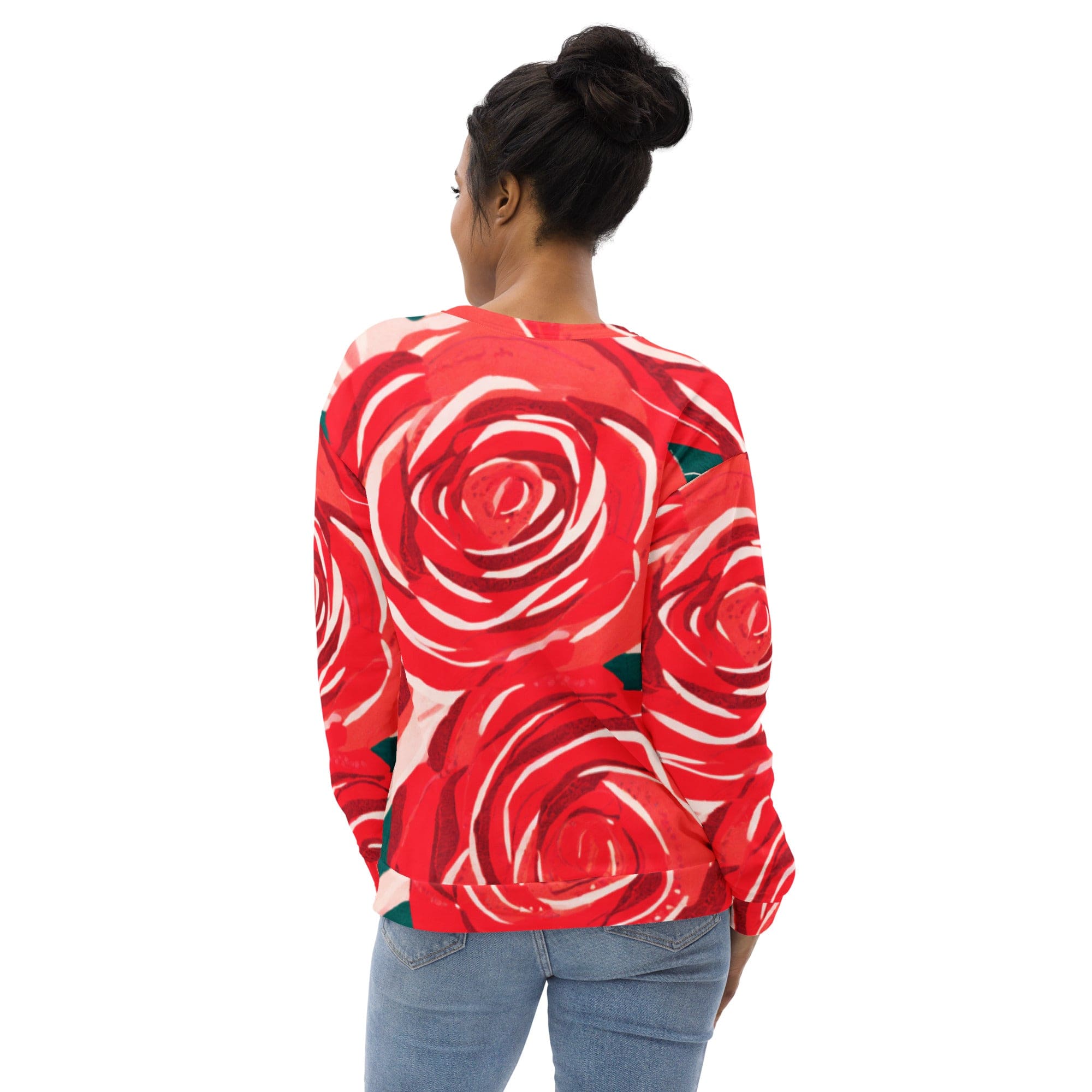 A stylish women's graphic sweatshirt featuring a rustic red roses design, perfect for casual wear.