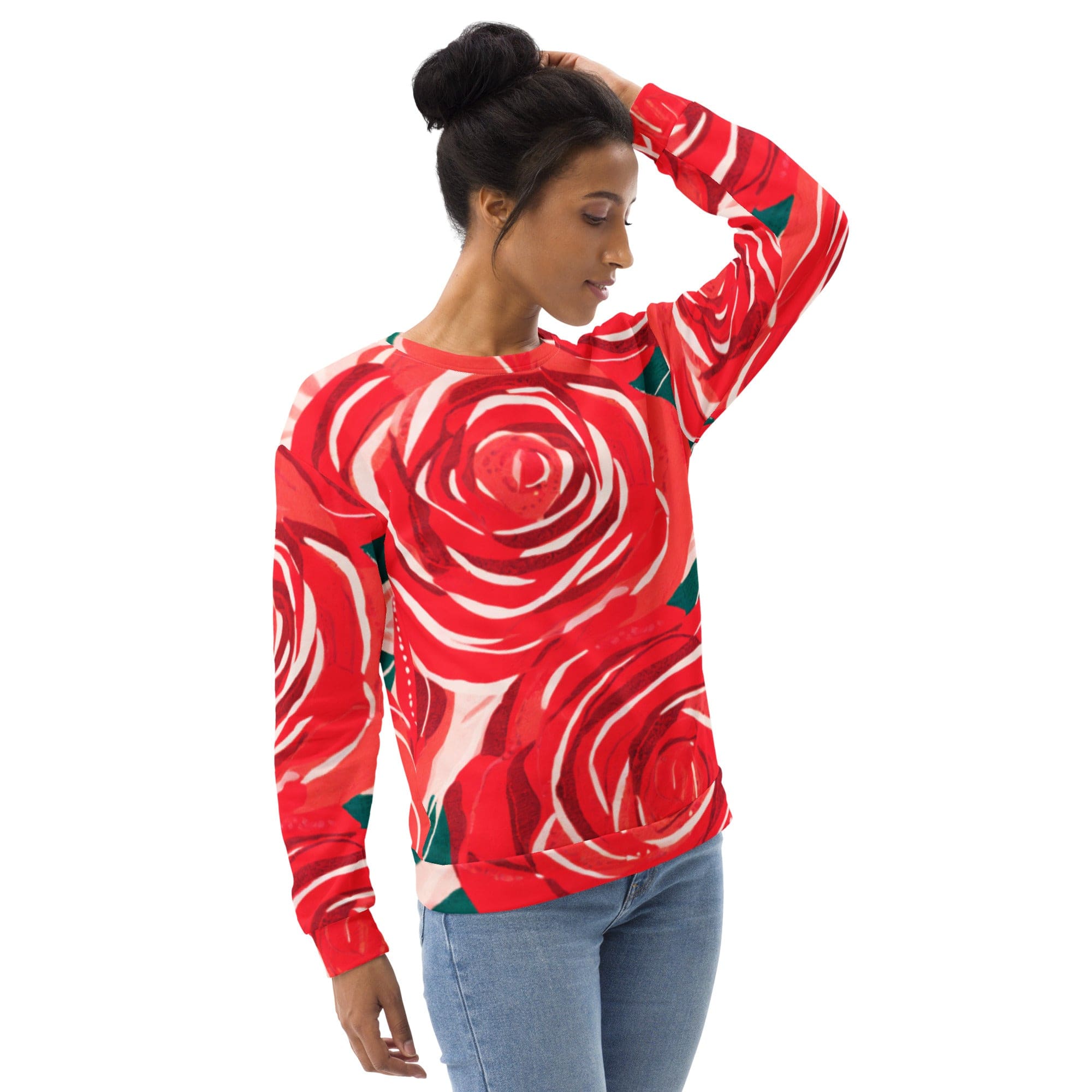 A stylish women's graphic sweatshirt featuring a rustic red roses design, perfect for casual wear.