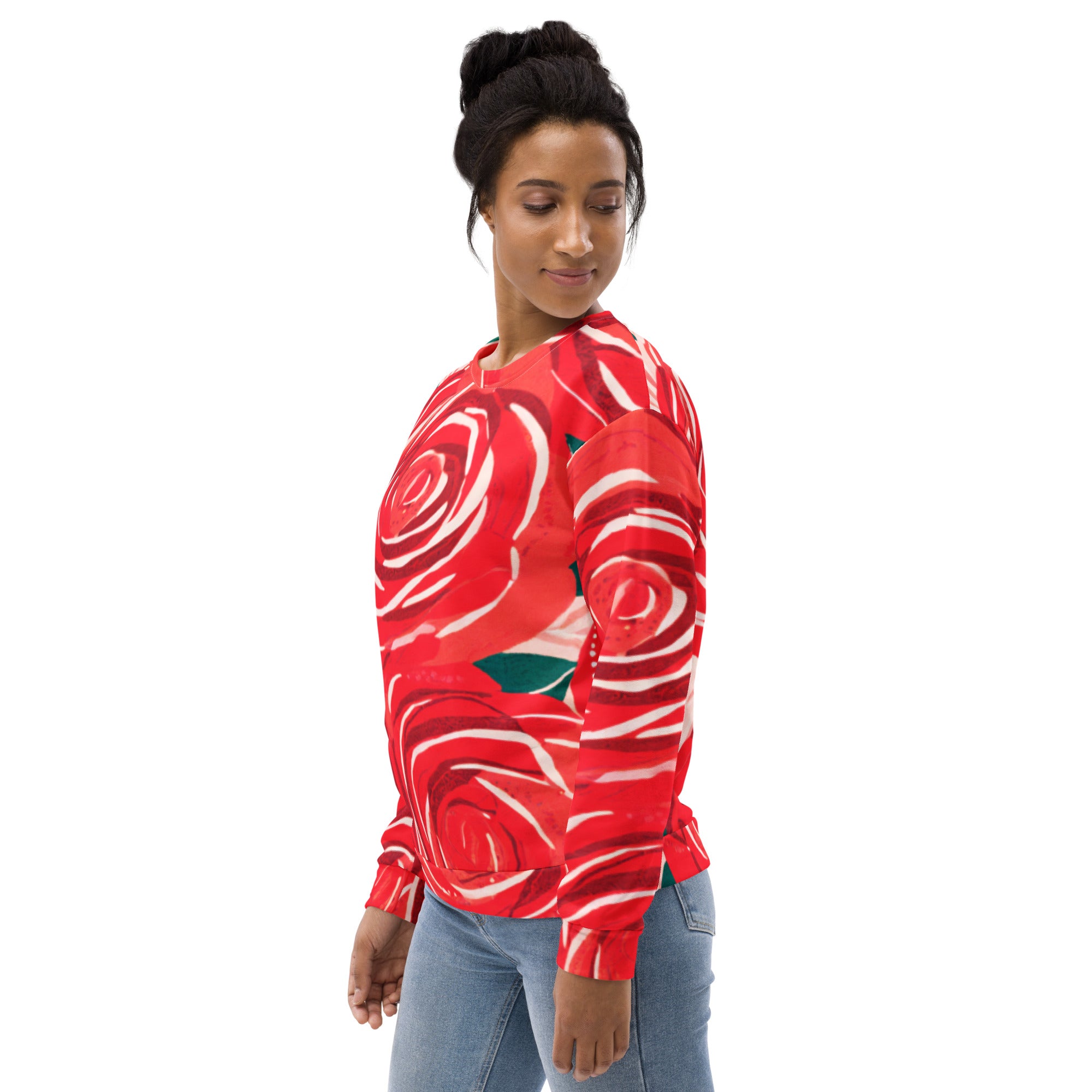 A stylish women's graphic sweatshirt featuring a rustic red roses design, perfect for casual wear.