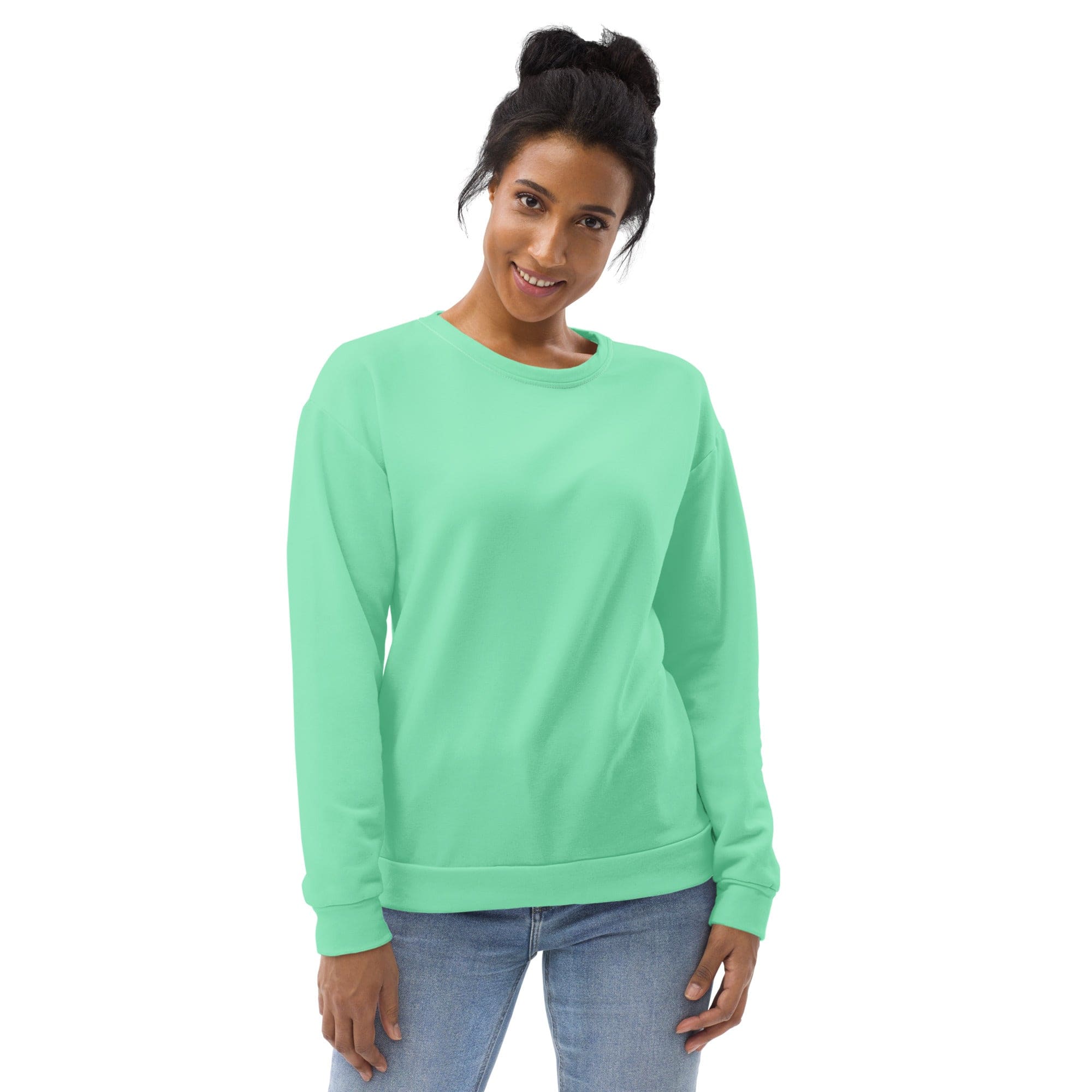 A stylish seafoam green graphic sweatshirt for women featuring bold prints and a comfortable crew neck design.