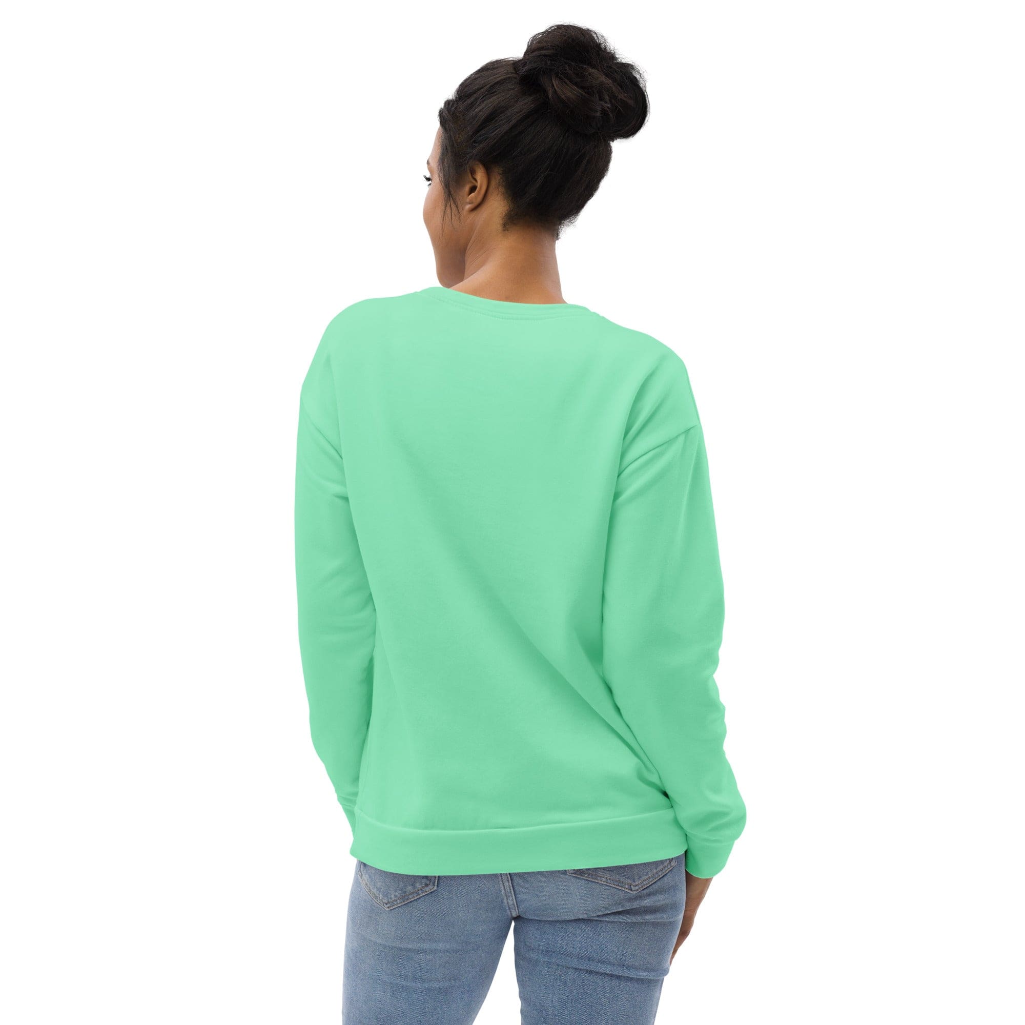 A stylish seafoam green graphic sweatshirt for women featuring bold prints and a comfortable crew neck design.