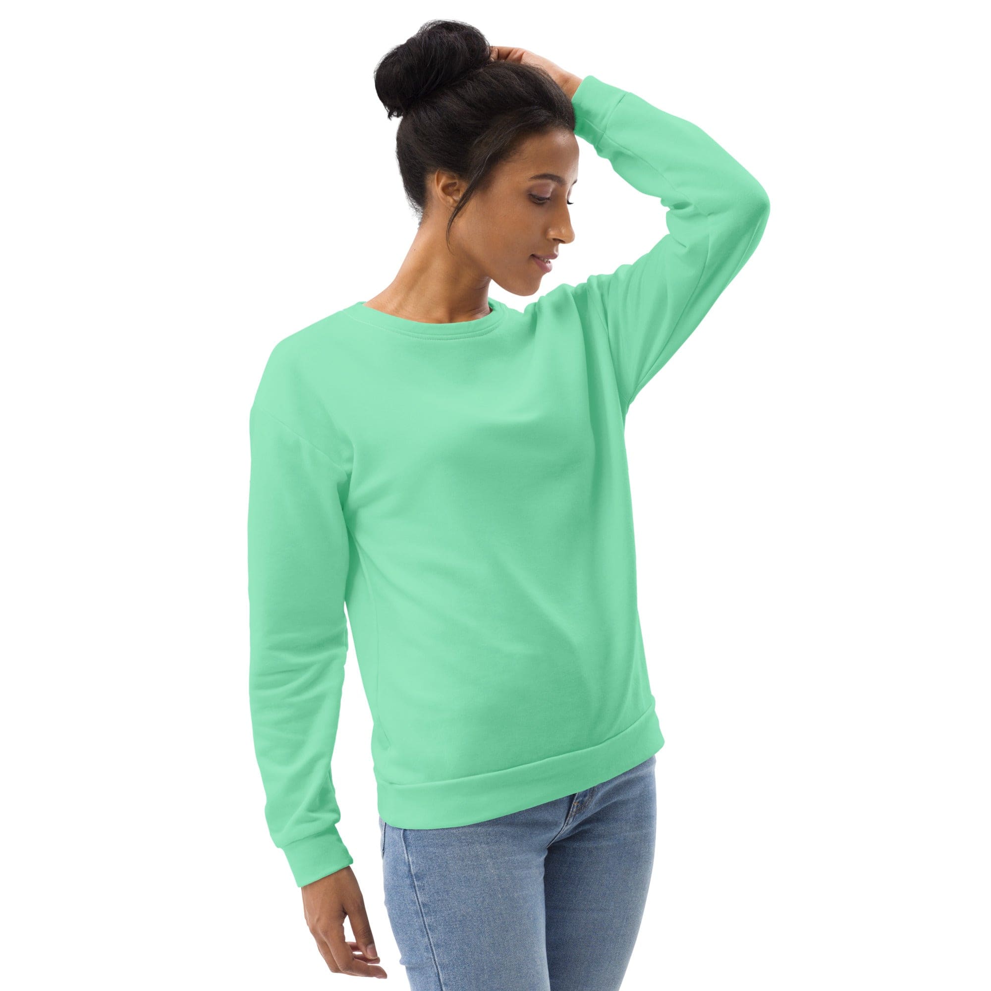 A stylish seafoam green graphic sweatshirt for women featuring bold prints and a comfortable crew neck design.