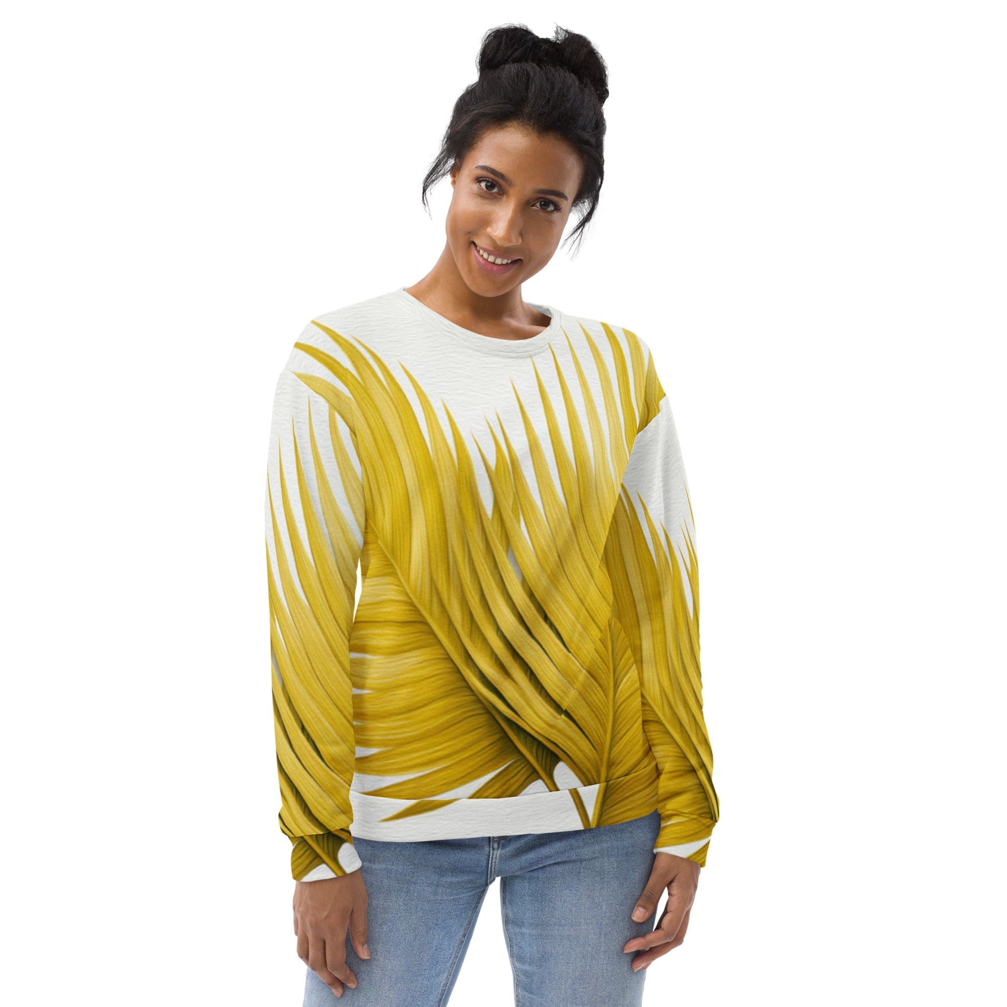 A stylish yellow sweatshirt for women featuring vibrant palm leaves print, perfect for casual wear.