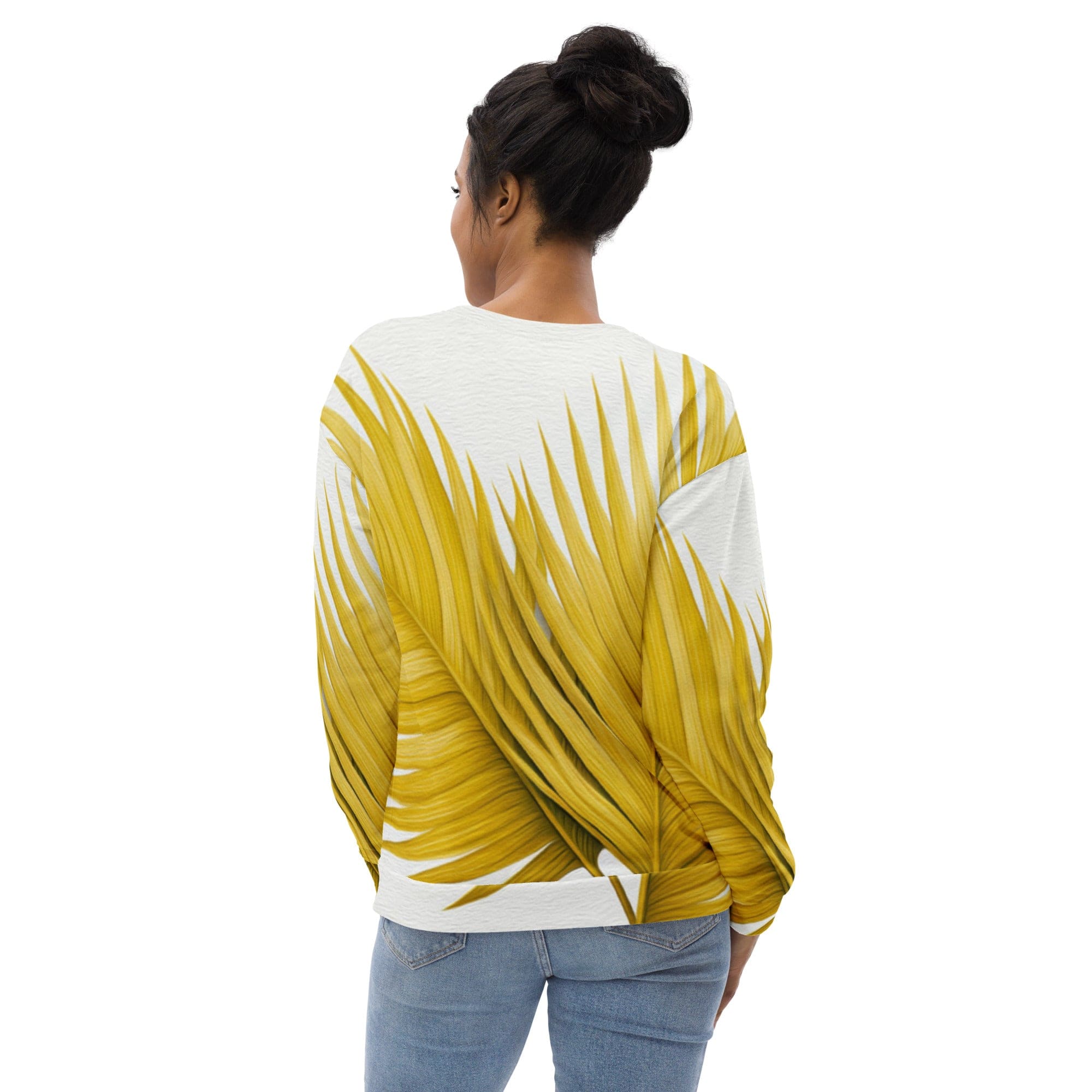 A stylish yellow sweatshirt for women featuring vibrant palm leaves print, perfect for casual wear.