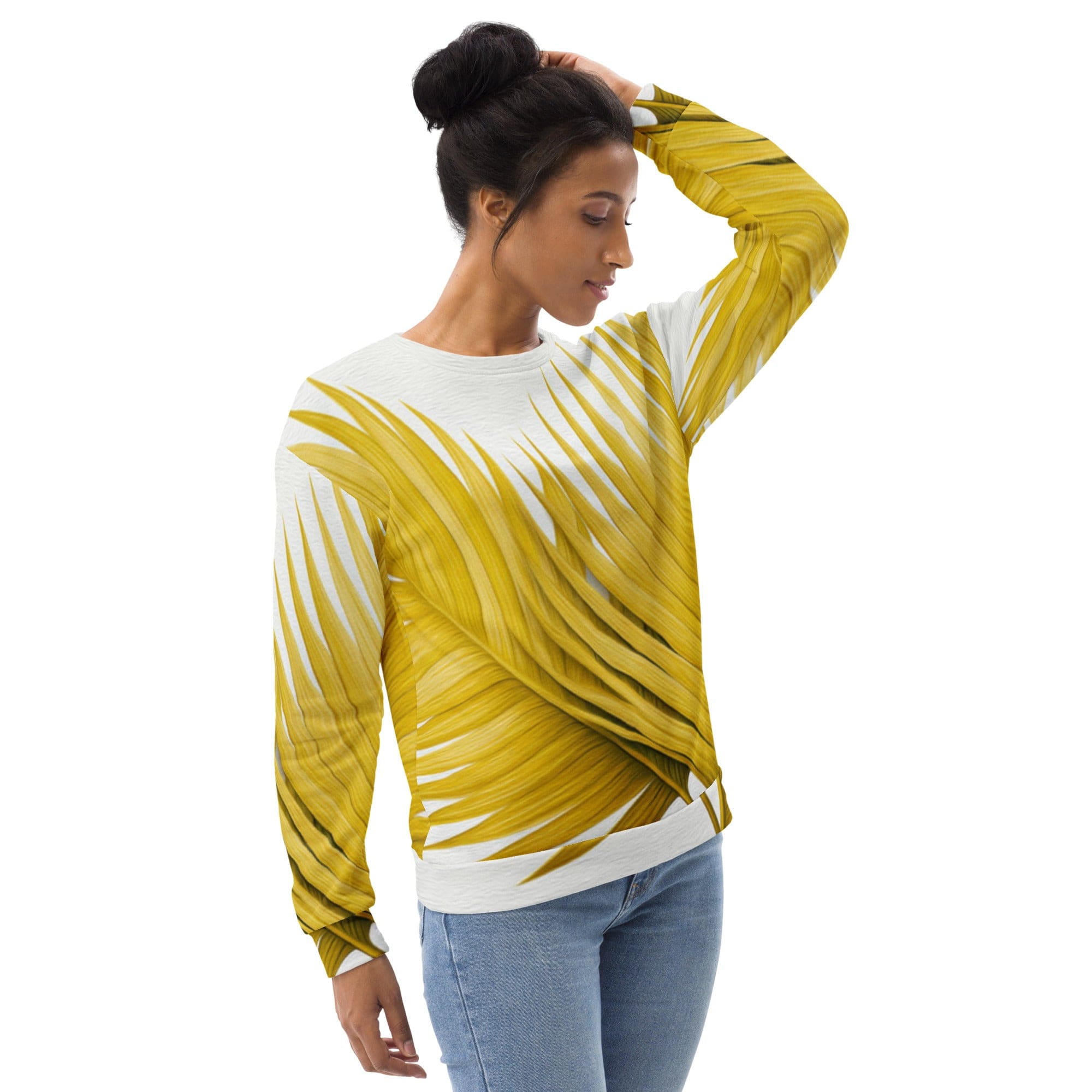 A stylish yellow sweatshirt for women featuring vibrant palm leaves print, perfect for casual wear.