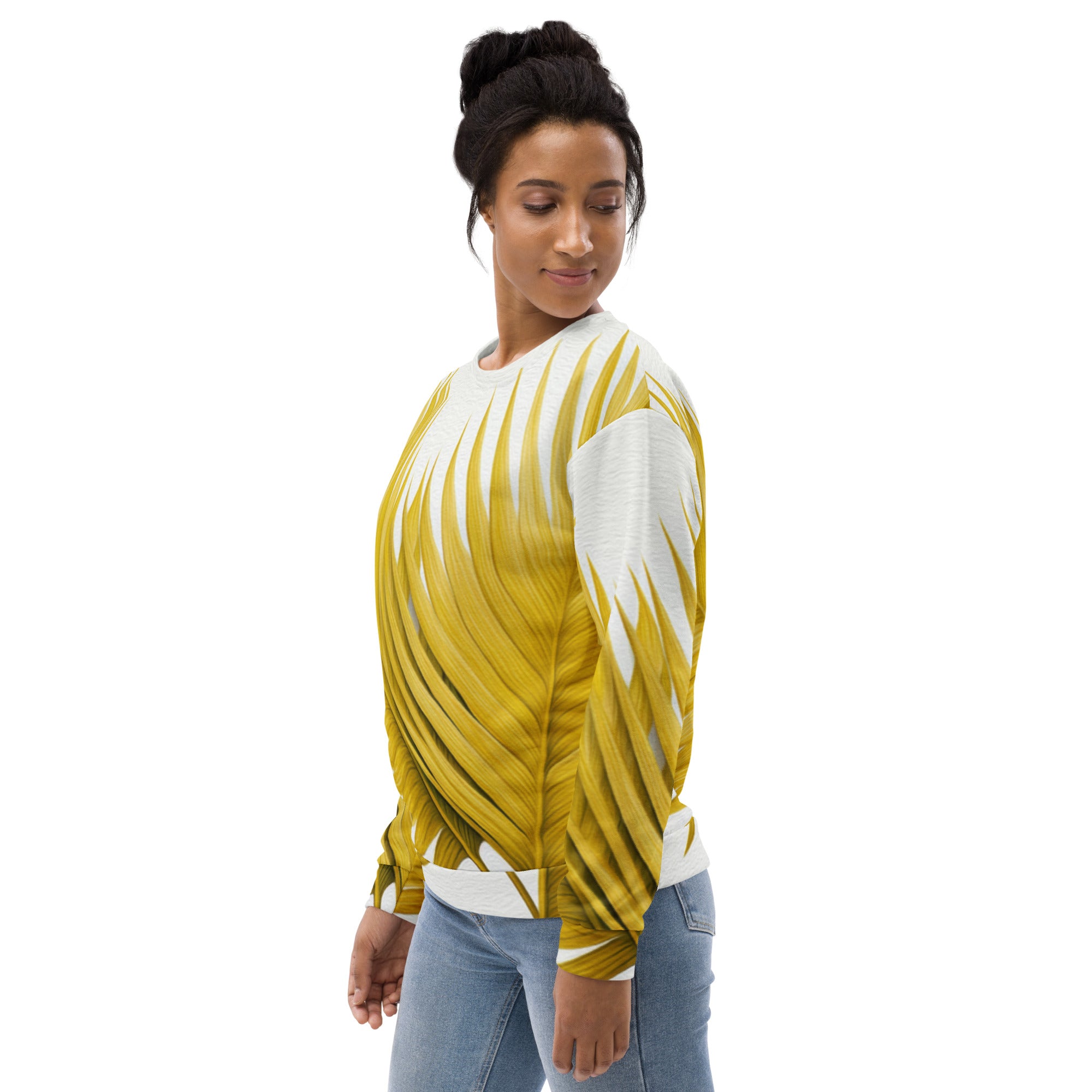 A stylish yellow sweatshirt for women featuring vibrant palm leaves print, perfect for casual wear.