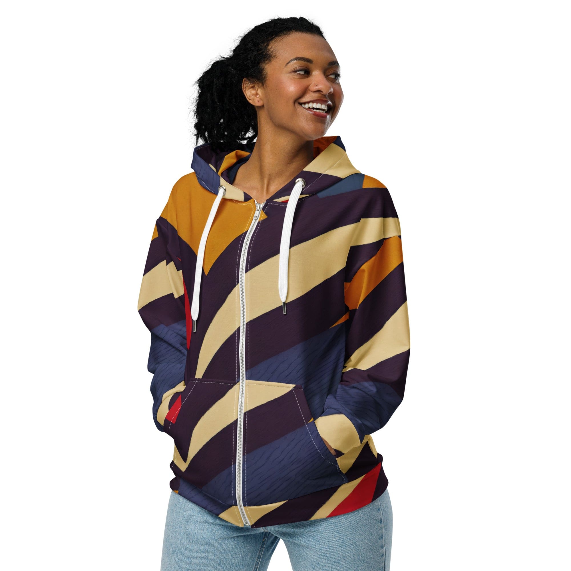 Graphic Zip Hoodie Colorblock Print 29138 featuring a stylish design with a double-lined hood and drop shoulders, made from recycled materials.