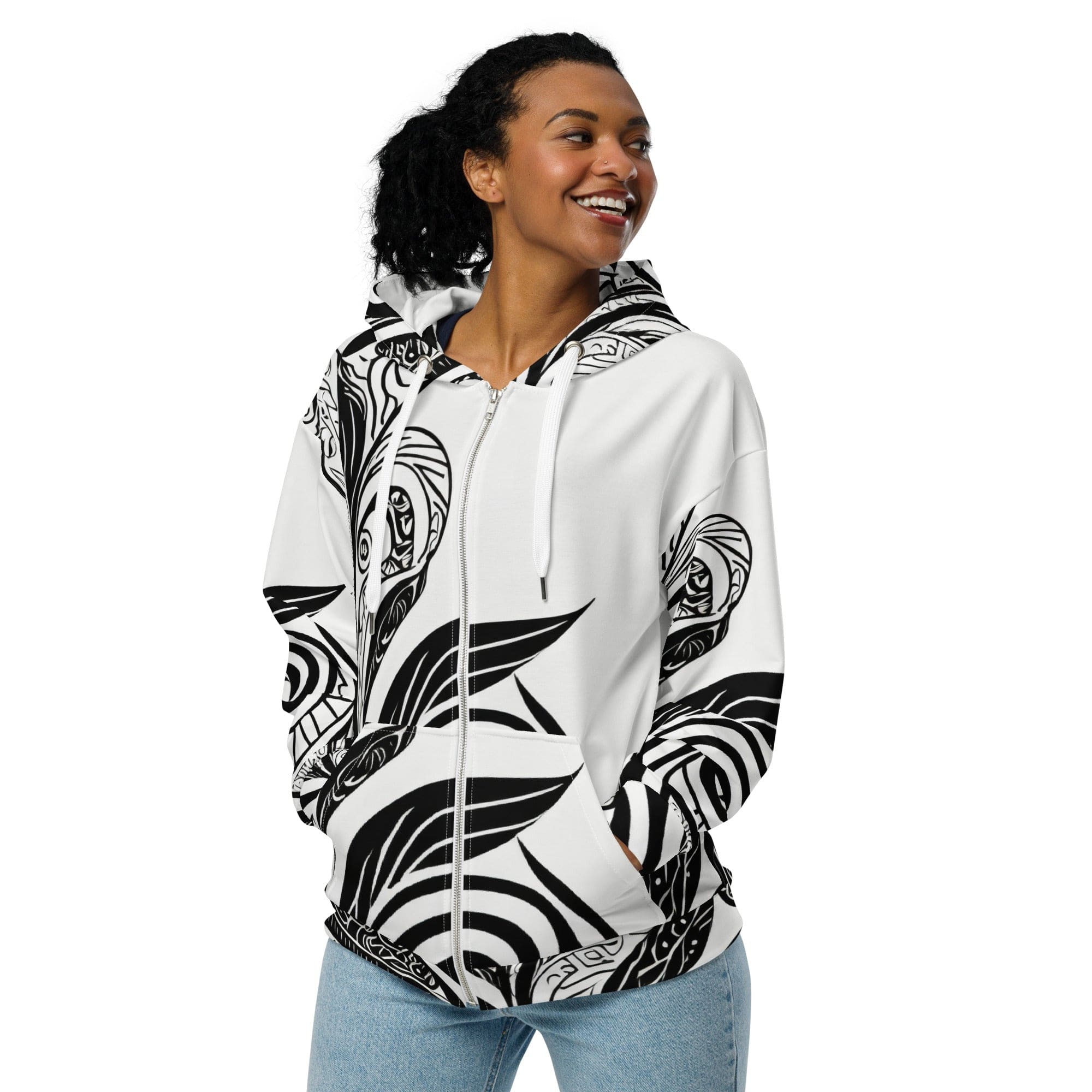 Graphic Zip Hoodie featuring a floral black line art print, showcasing a relaxed fit and double-lined hood.