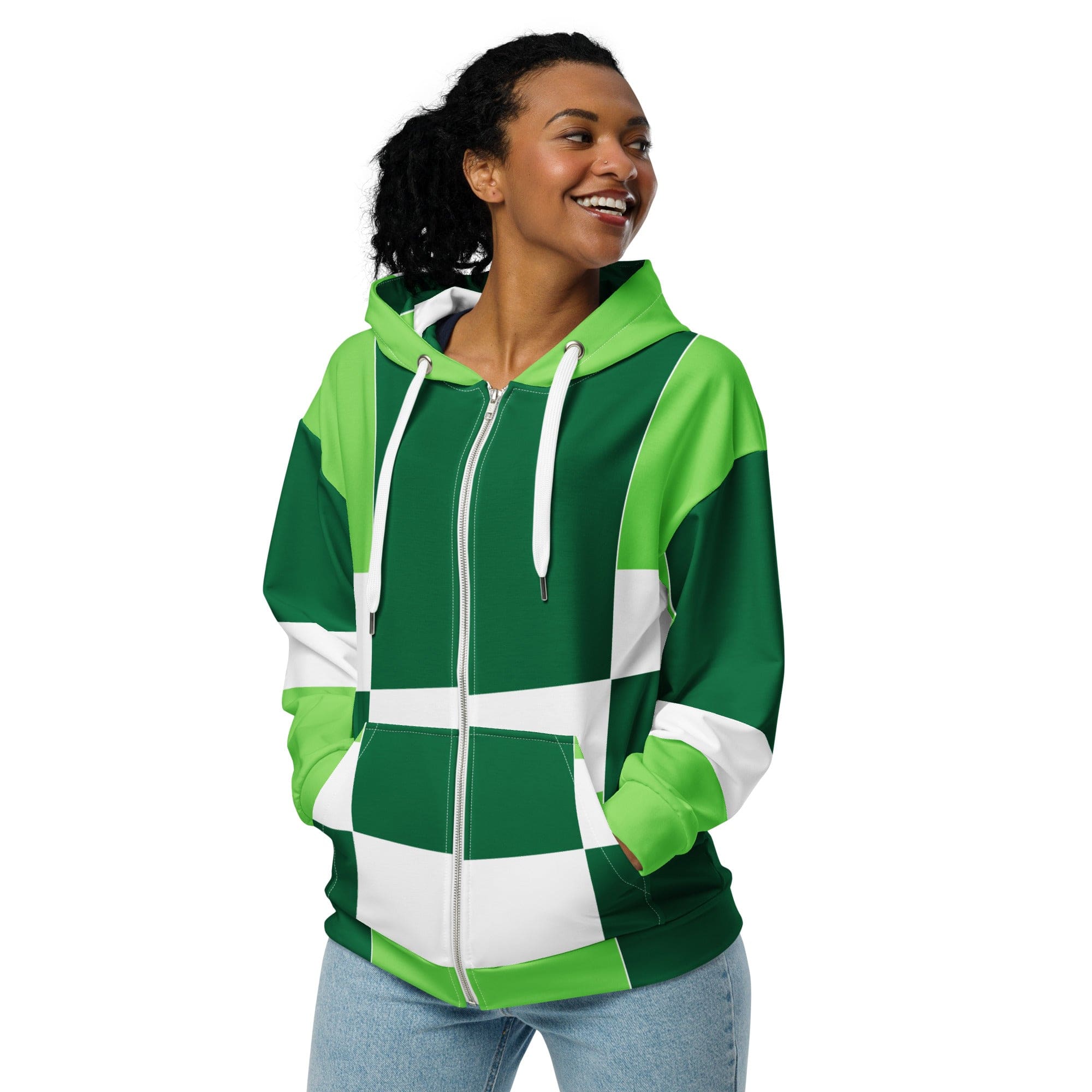 Graphic Zip Hoodie in Lime Forest Irish Green Colorblock featuring a soft brushed fleece interior and stylish design.