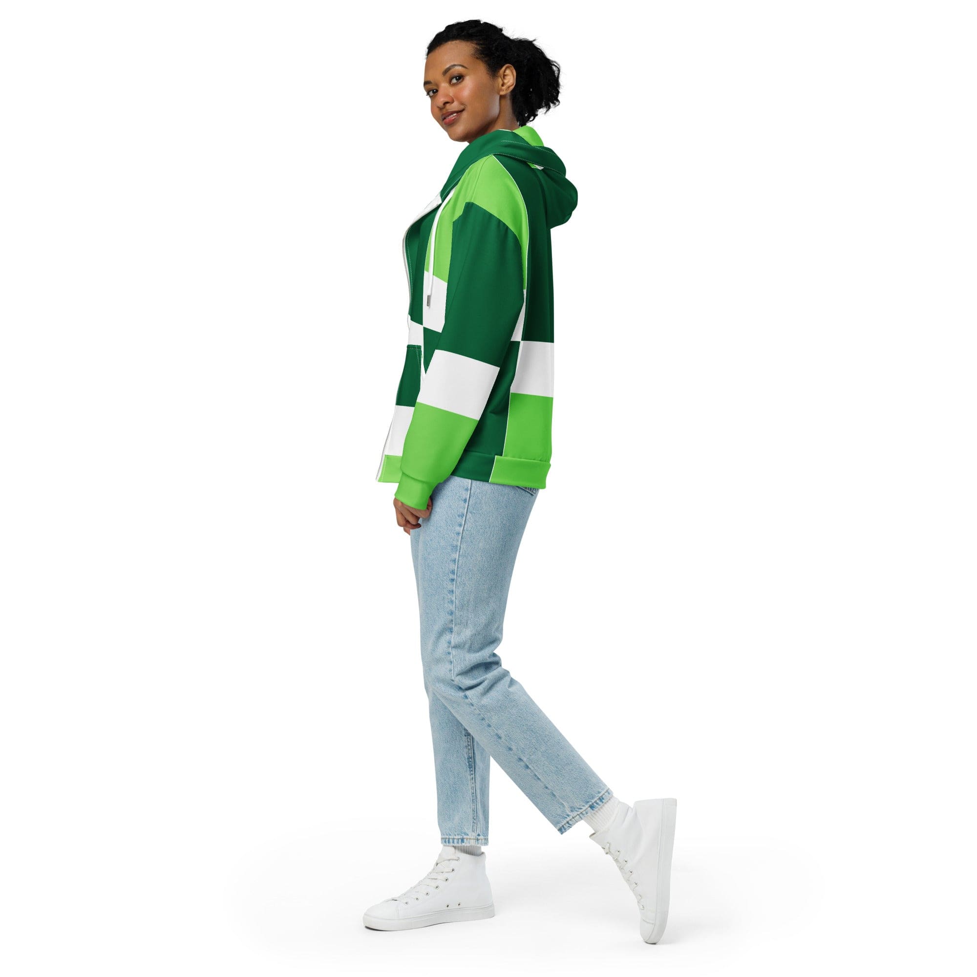 Graphic Zip Hoodie in Lime Forest Irish Green Colorblock featuring a soft brushed fleece interior and stylish design.