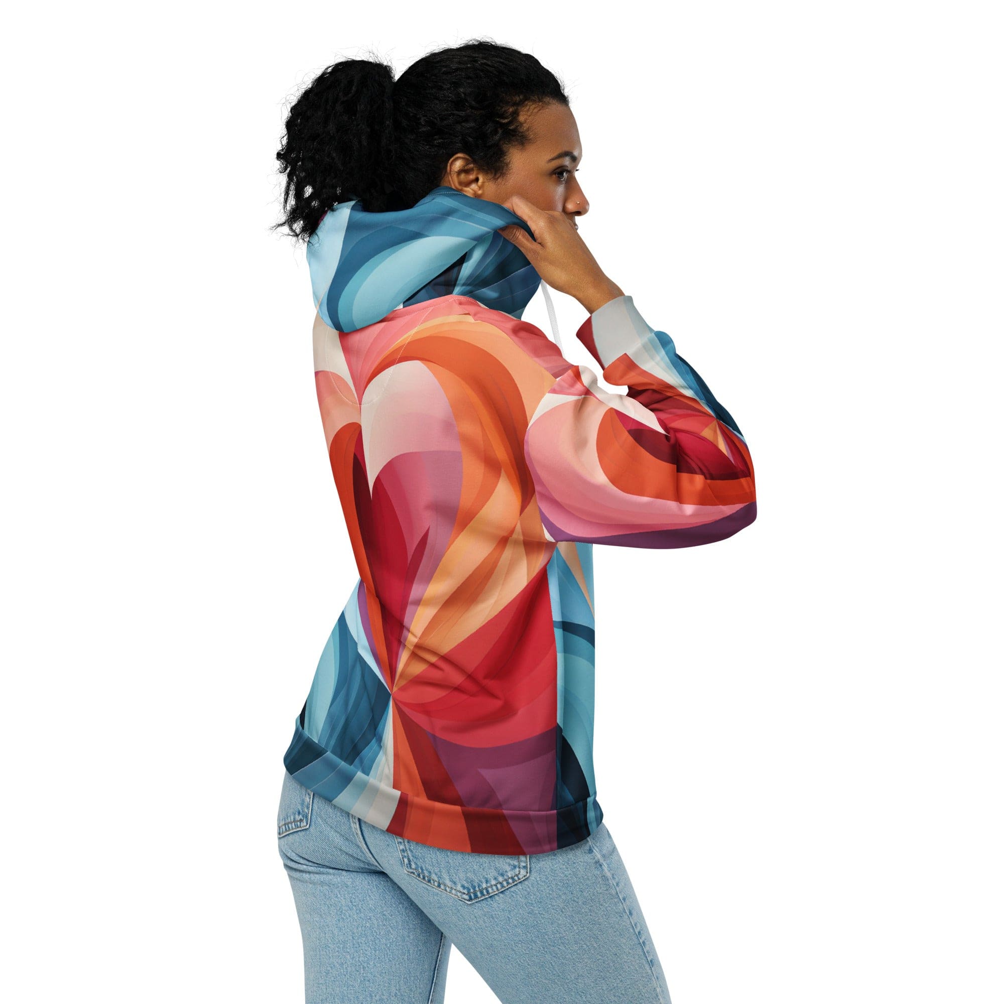 A multicolor heart illustration on a stylish zip hoodie, showcasing its soft fabric and relaxed fit, perfect for everyday wear.