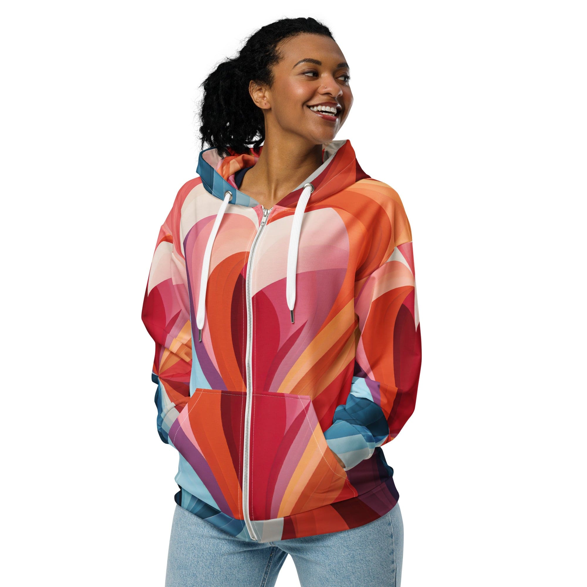 A multicolor heart illustration on a stylish zip hoodie, showcasing its soft fabric and relaxed fit, perfect for everyday wear.