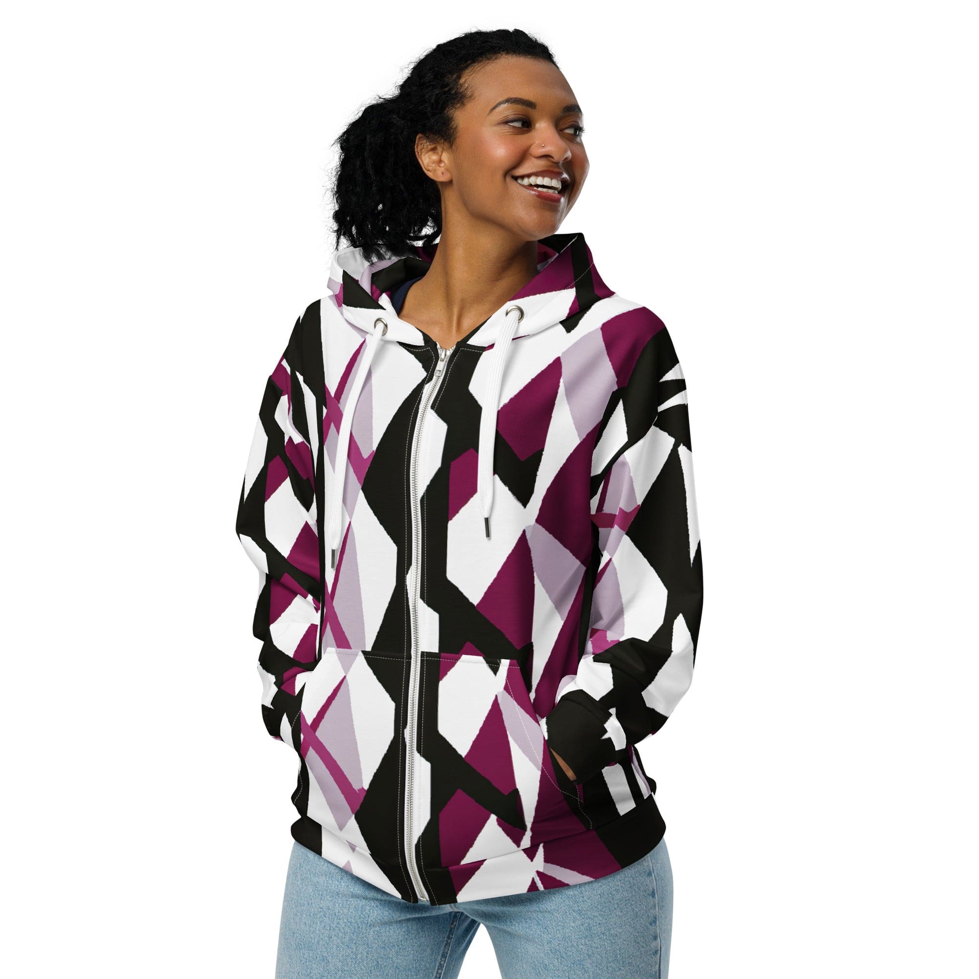 Graphic Zip Hoodie in Pink Mauve Pattern featuring a soft cotton-feel fabric and relaxed fit with drop shoulders.