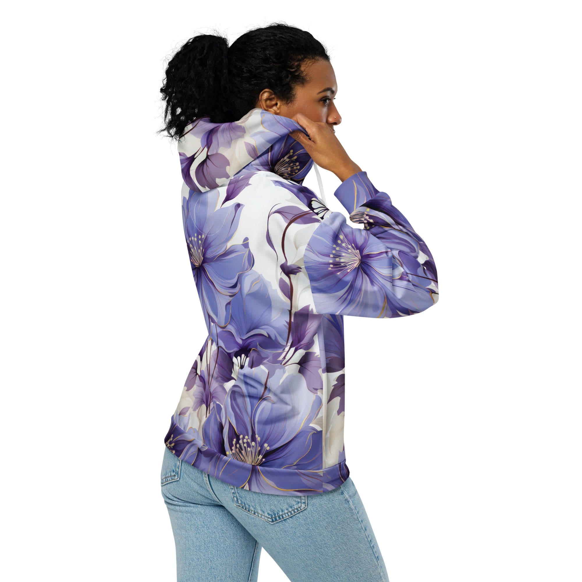 Graphic Zip Hoodie in Purple with Botanical Blooms design, featuring a double-lined hood and relaxed fit.