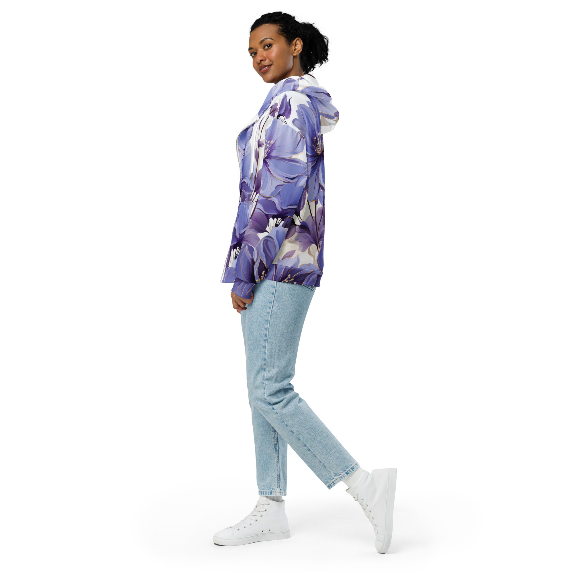 Graphic Zip Hoodie in Purple with Botanical Blooms design, featuring a double-lined hood and relaxed fit.