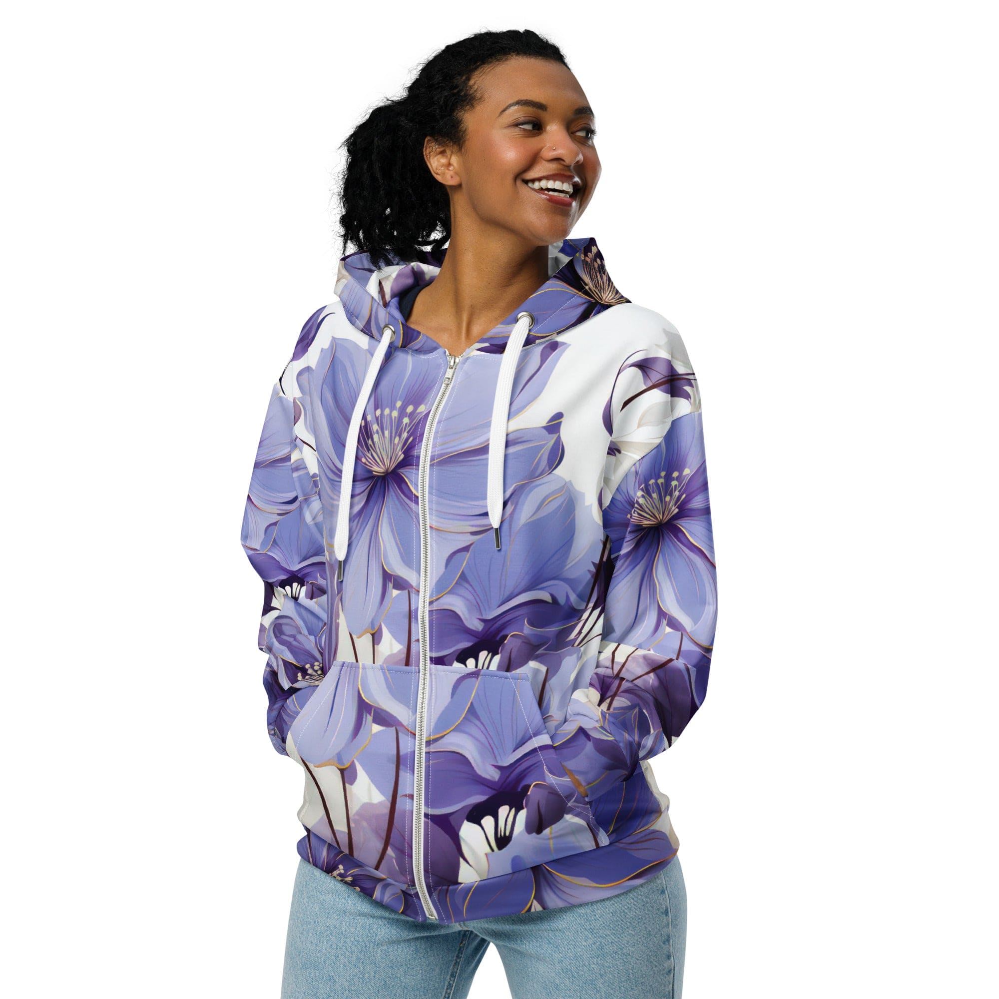 Graphic Zip Hoodie in Purple with Botanical Blooms design, featuring a double-lined hood and relaxed fit.