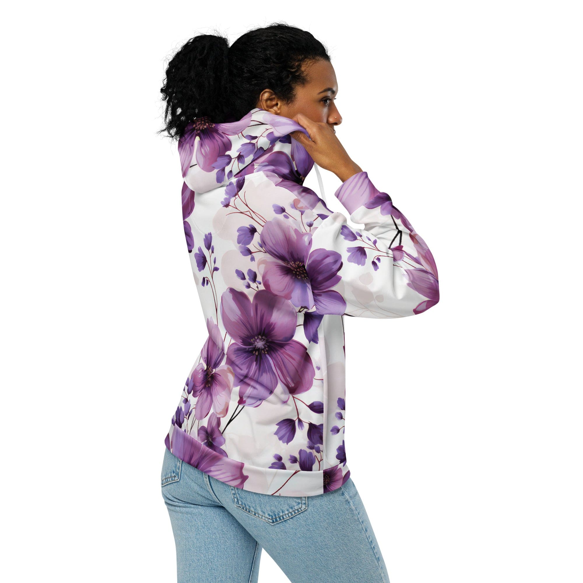 Graphic Zip Hoodie in Purple with Botanical Blooms design, featuring a double-lined hood and premium metal zipper.