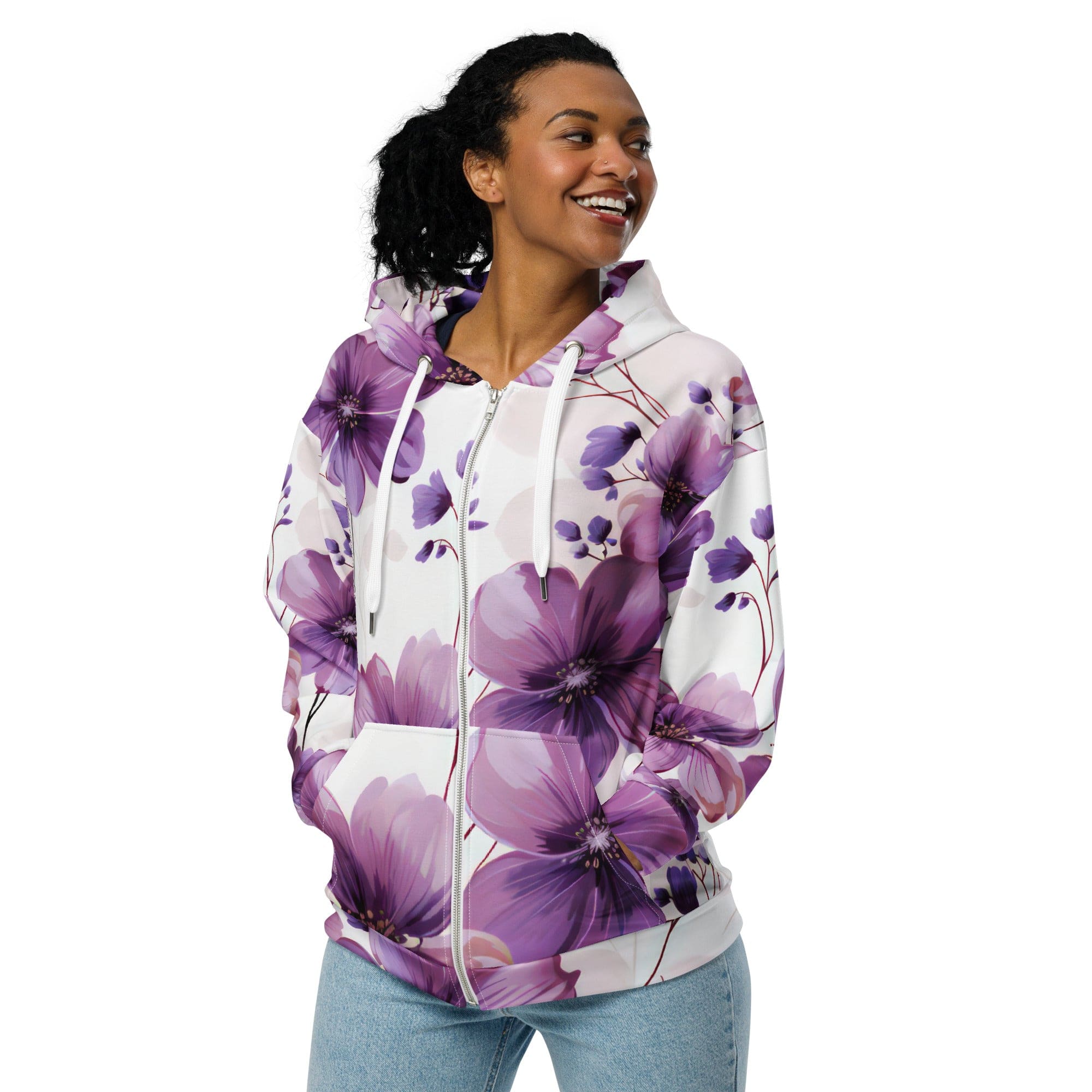 Graphic Zip Hoodie in Purple with Botanical Blooms design, featuring a double-lined hood and premium metal zipper.