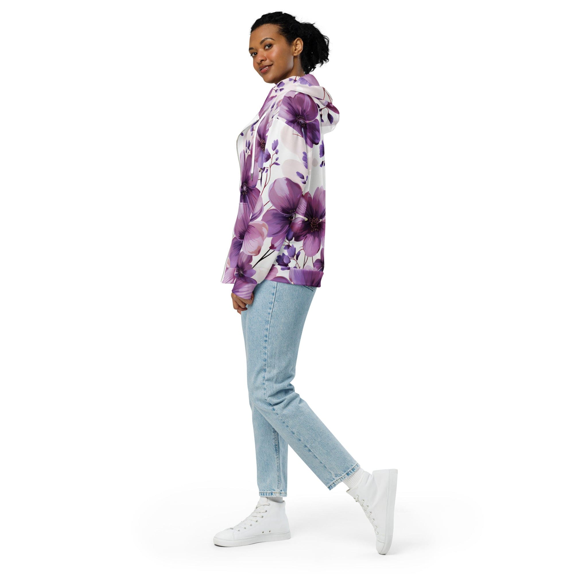 Graphic Zip Hoodie in Purple with Botanical Blooms design, featuring a double-lined hood and premium metal zipper.