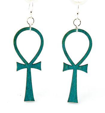 GRATITUDE Ankh Earrings made from sustainably sourced wood, featuring a teal color and hypoallergenic stainless steel ear wires.