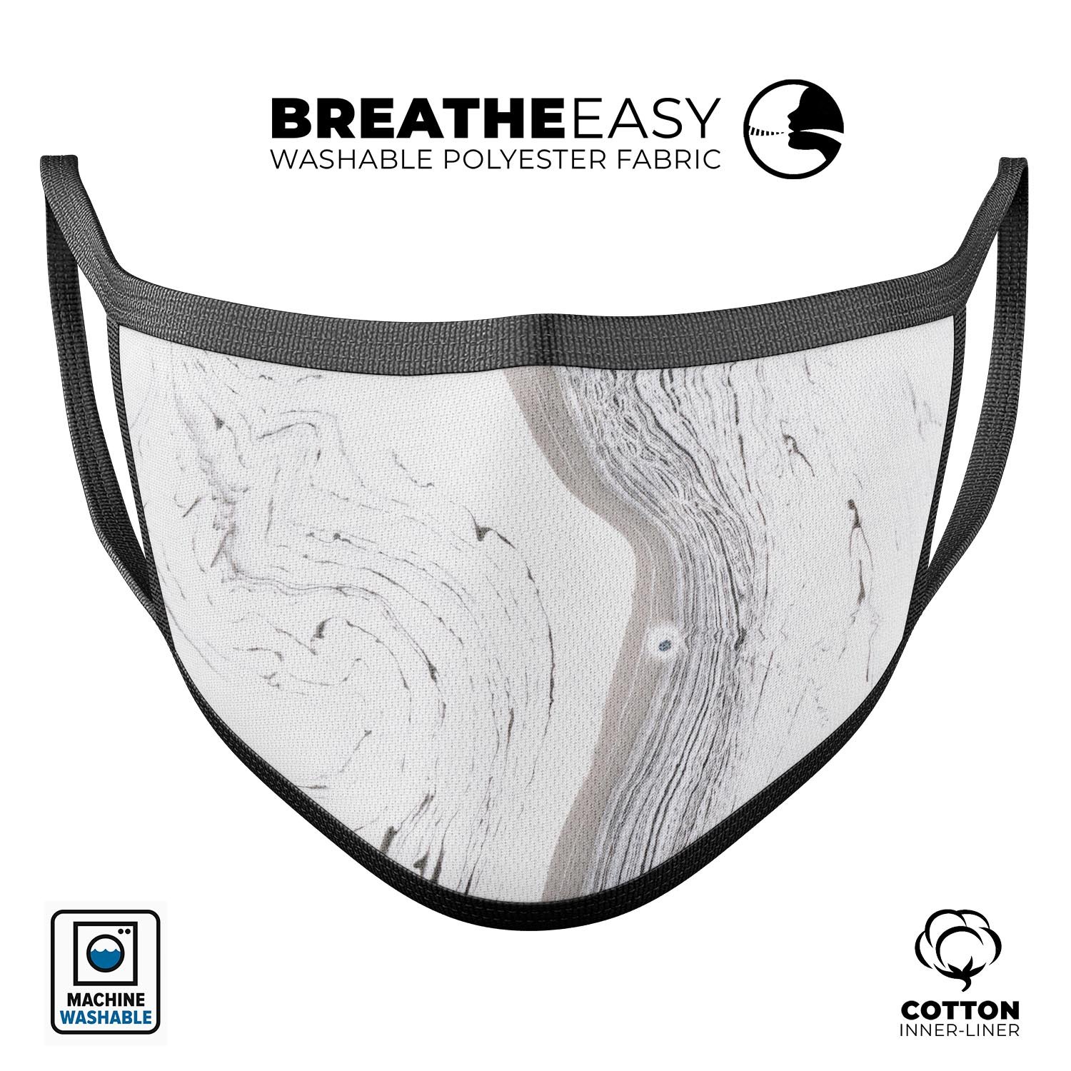 Gray 47 Textured Marble mouth cover, a stylish and comfortable anti-dust mask made in the USA, featuring adjustable ear loops and a soft cotton interior.