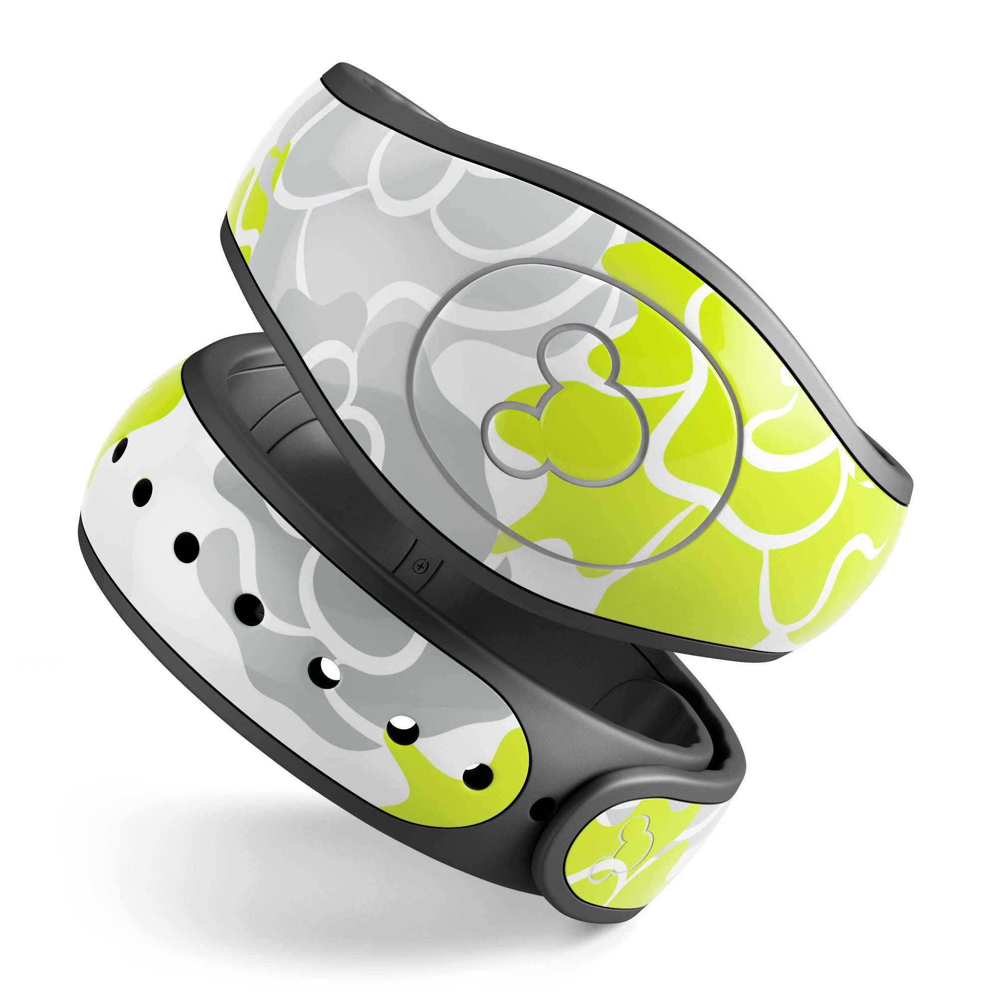 Gray and Lime Green Cartoon Roses decal skin wrap kit for Disney Magic Band, showcasing vibrant colors and stylish design.