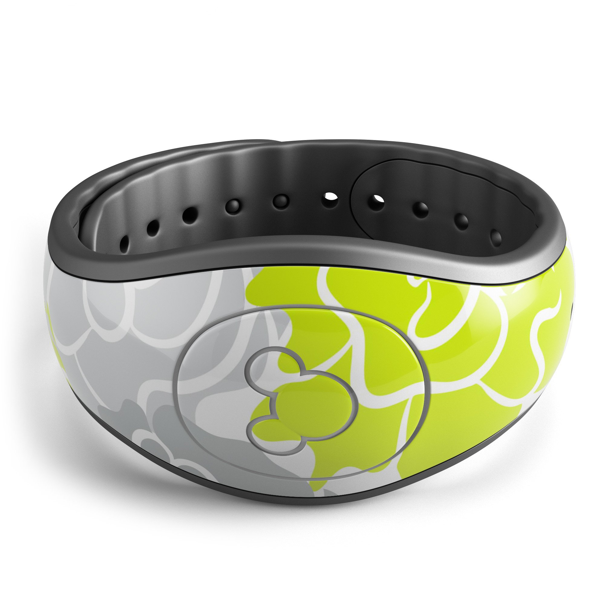 Gray and Lime Green Cartoon Roses decal skin wrap kit for Disney Magic Band, showcasing vibrant colors and stylish design.