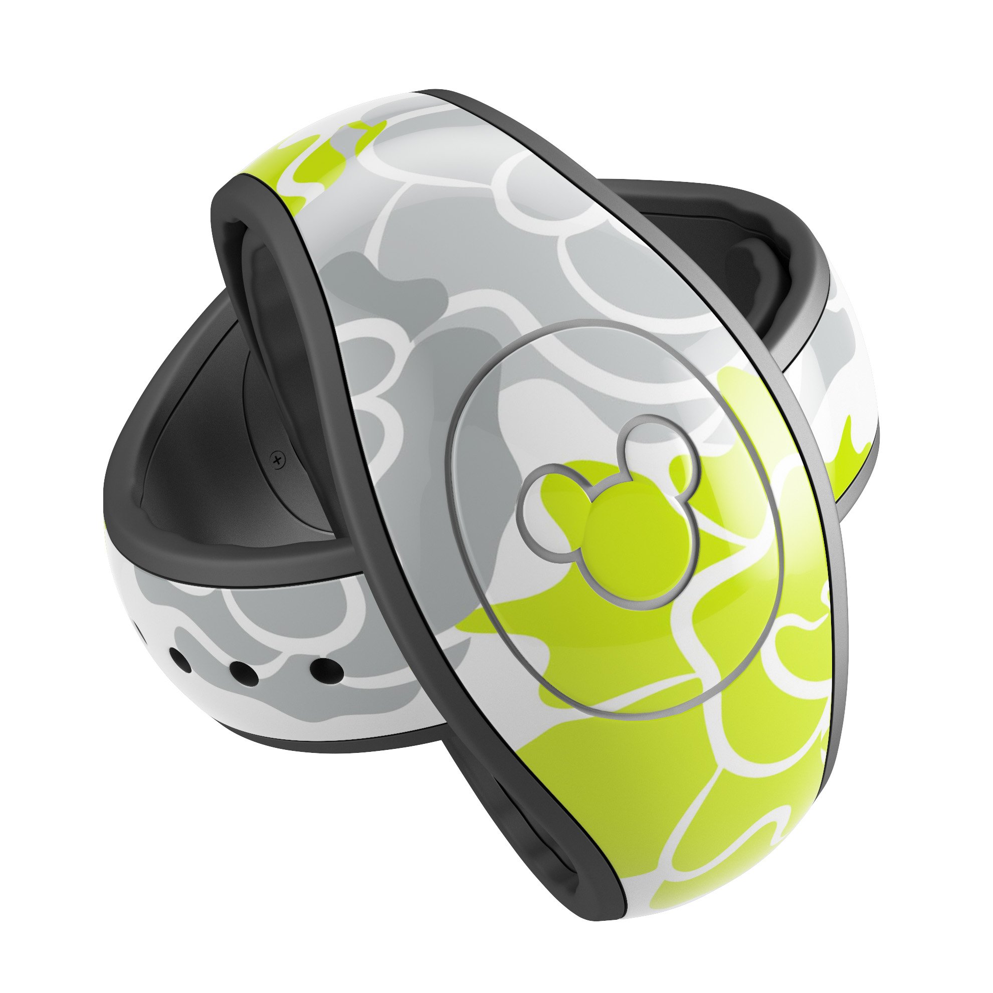 Gray and Lime Green Cartoon Roses decal skin wrap kit for Disney Magic Band, showcasing vibrant colors and stylish design.