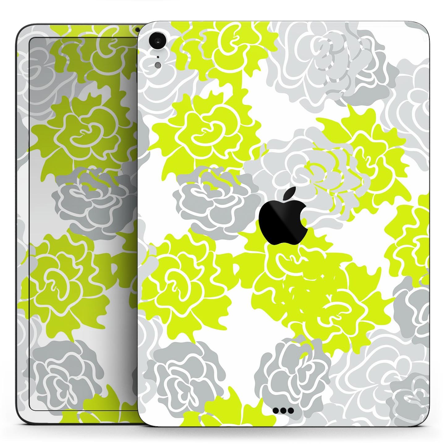 Gray and Lime Green Cartoon Roses skin decal for Apple devices, showcasing vibrant floral design on a sleek surface.