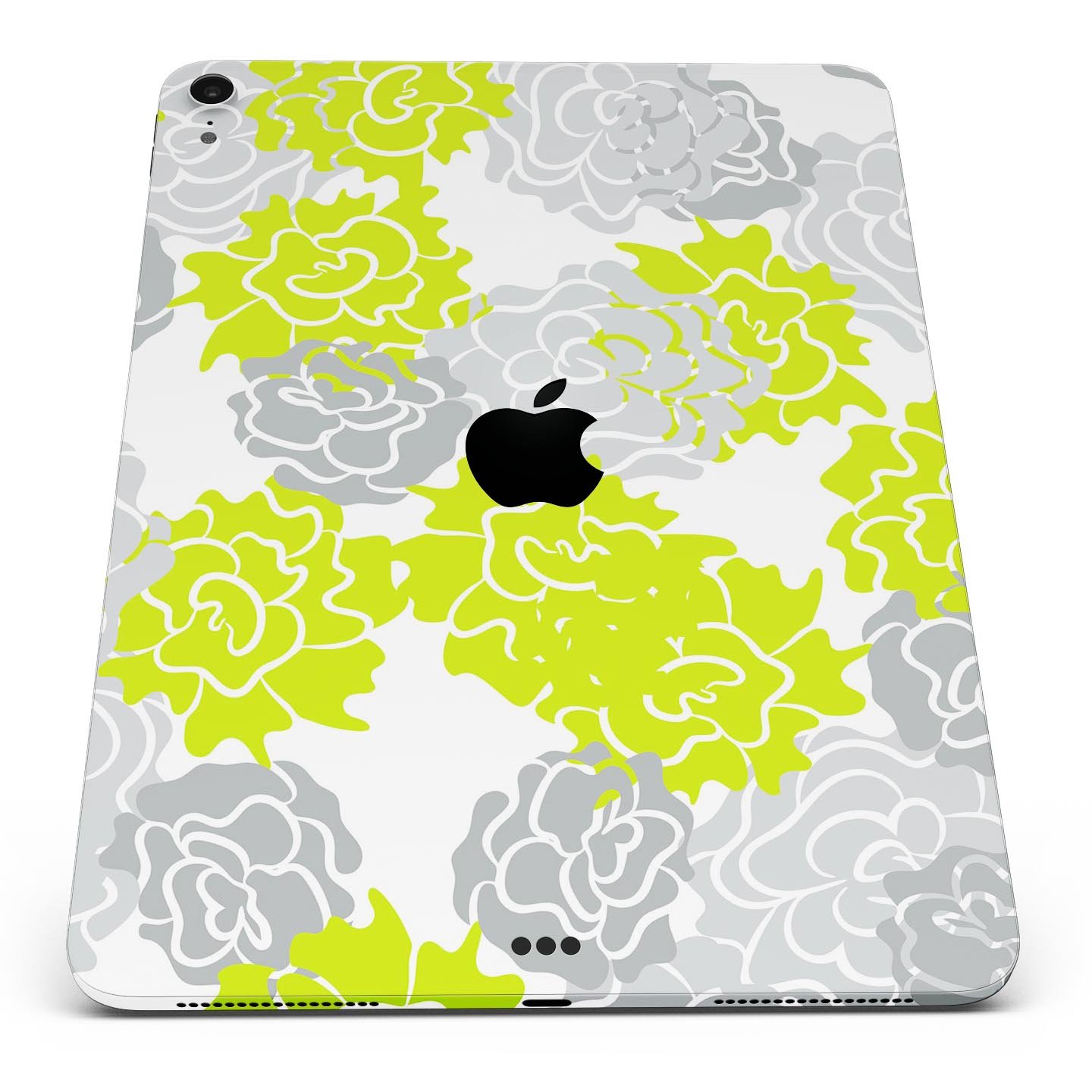 Gray and Lime Green Cartoon Roses skin decal for Apple devices, showcasing vibrant floral design on a sleek surface.