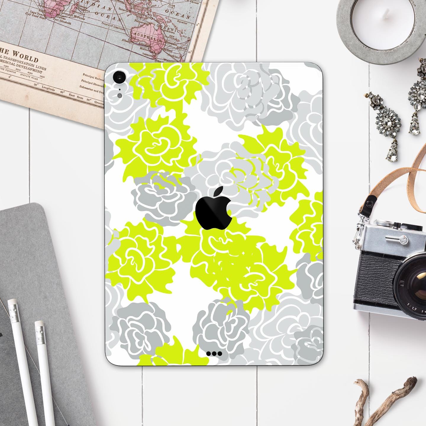 Gray and Lime Green Cartoon Roses skin decal for Apple devices, showcasing vibrant floral design on a sleek surface.